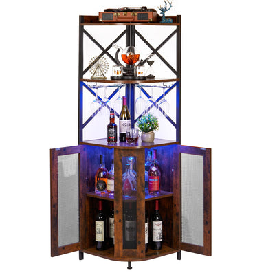 JKsmart Corner Bar Cabinet with LED Lights, 5-Tier Industrial Wine Bar Cabinet with Glass Holder, Farmhouse Liquor Cabinet with Adjustable Shelf, Home Bar for Coffee Bar Cabinet, Rustic Brown