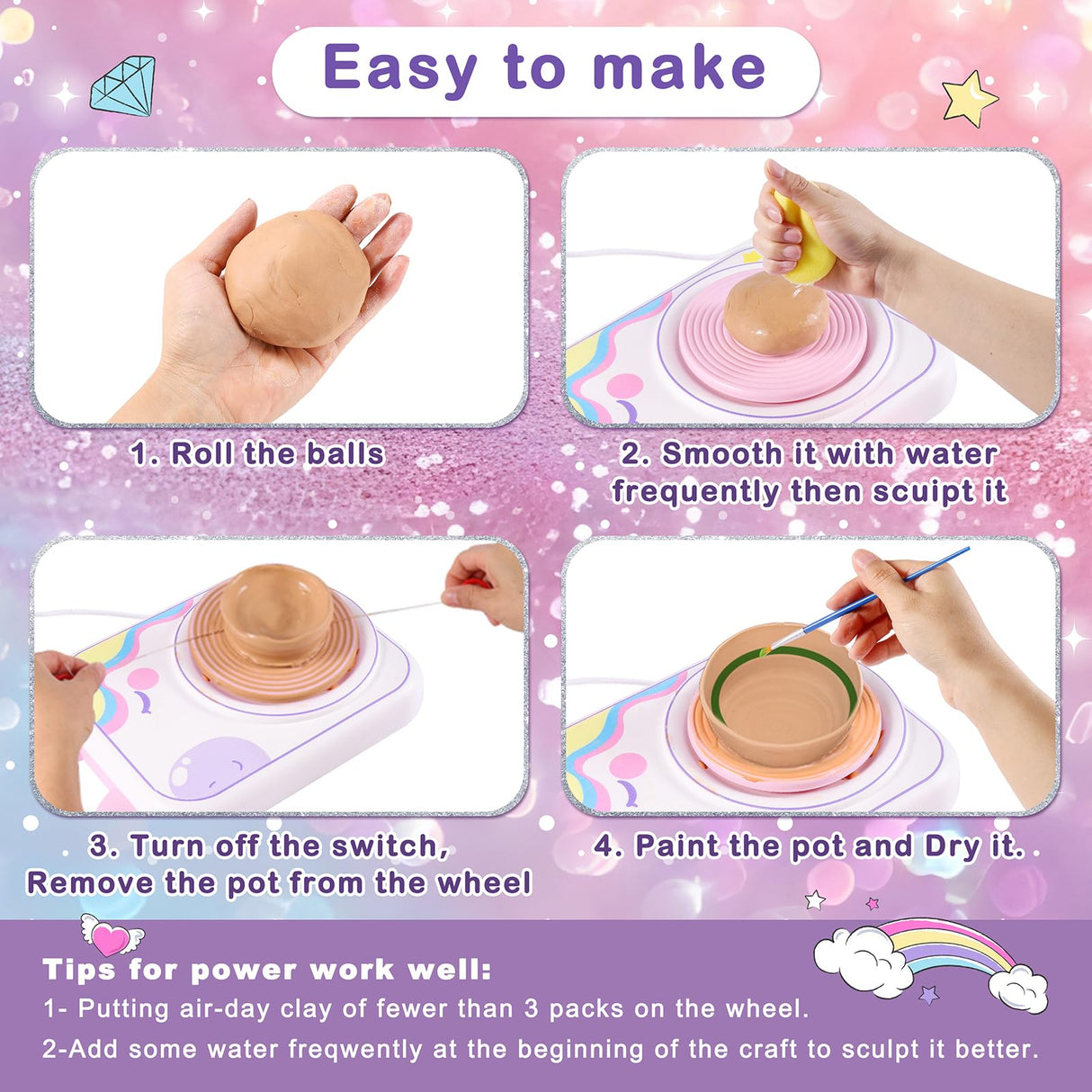 Pottery Wheel for Kids,Art Supplies Arts & Crafts Kit, Crafts Toys for Girls 8-12, Pottery Studio Craft Kit with 4 Pack Air-Dry Clay,Girls Toys Birthday Christmas Gift for Kids Ages 6 7 8 9 10 11 12+ weirtoya