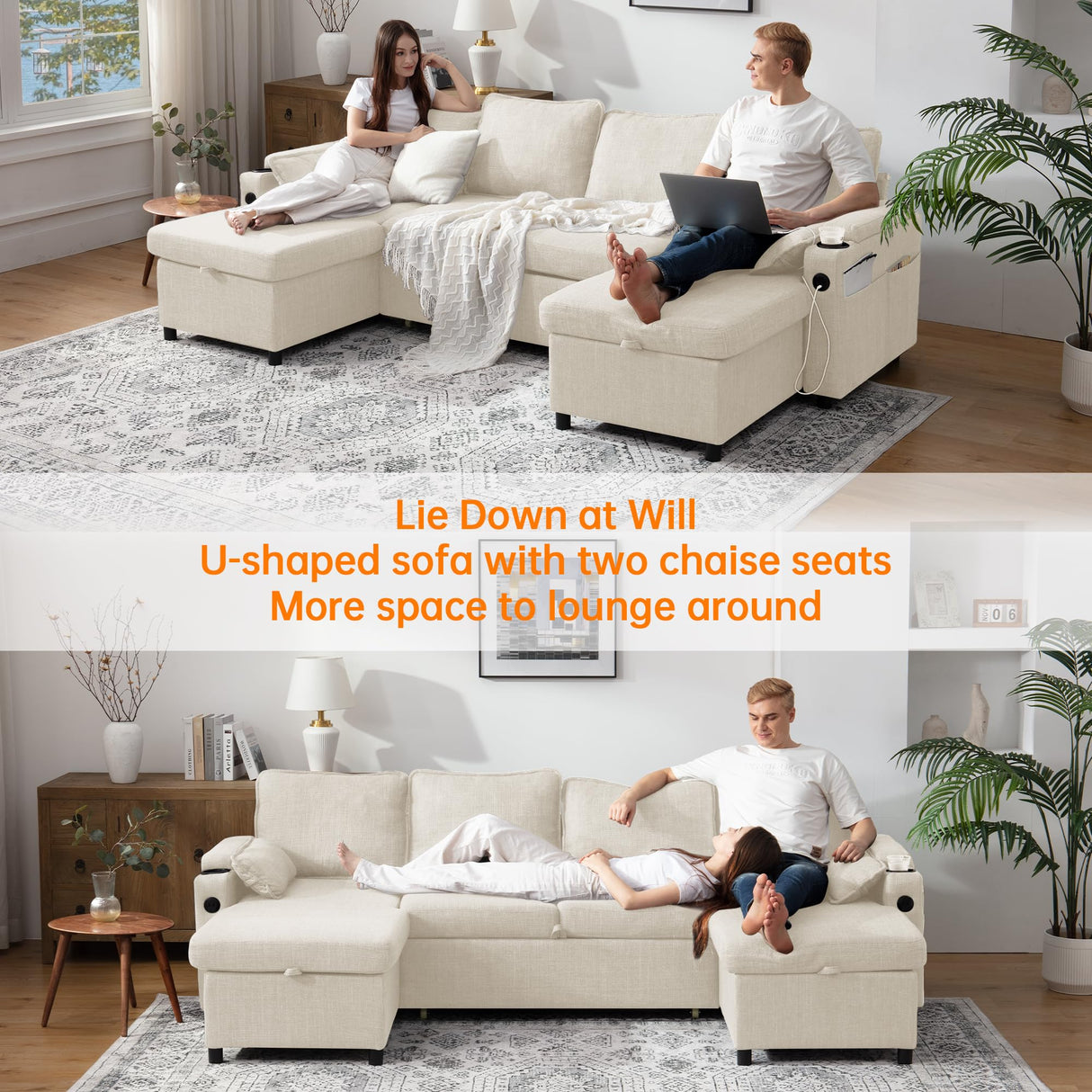 DURASPACE Sofa Bed Sleeper Sofa Pull Out Couch with Double Storage Chaise, Sectional for Living Room, U Shaped Couch with Removable Covers (Beige) DURASPACE