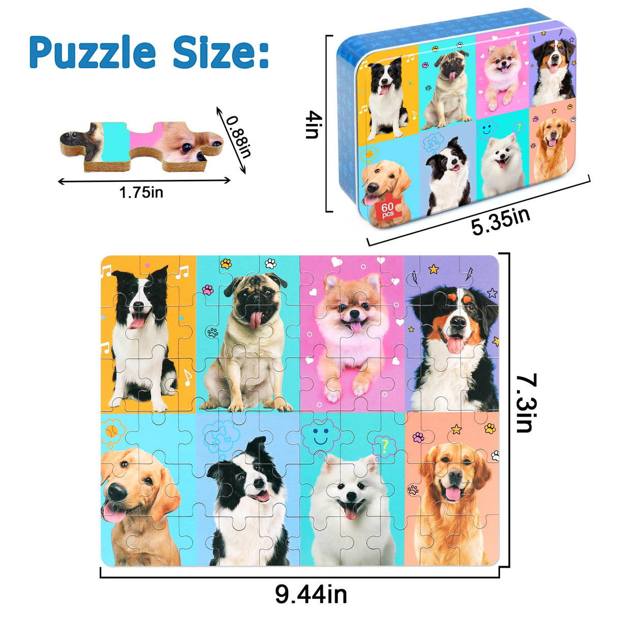LELEMON Puzzles for Kids Ages 4-6,Dog 60 Piece Puzzles for Kids Ages 4-8,Children Jigsaw Puzzles Kids Puzzles in a Metal Box,Educational Learning Puzzle Toys for Girls and Boys LELEMON
