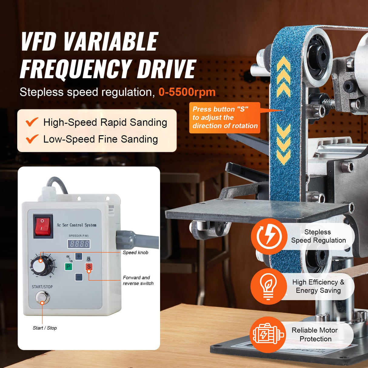 VEVOR Belt Grinder Sander, 30 x 1-Inch Variable Speed Belt Polisher with VFD, 550W Polishing Grinding Machine with 2 Grinding Moulds & 3PCS Sanding Belts for Metalworking, Knife Making VEVOR