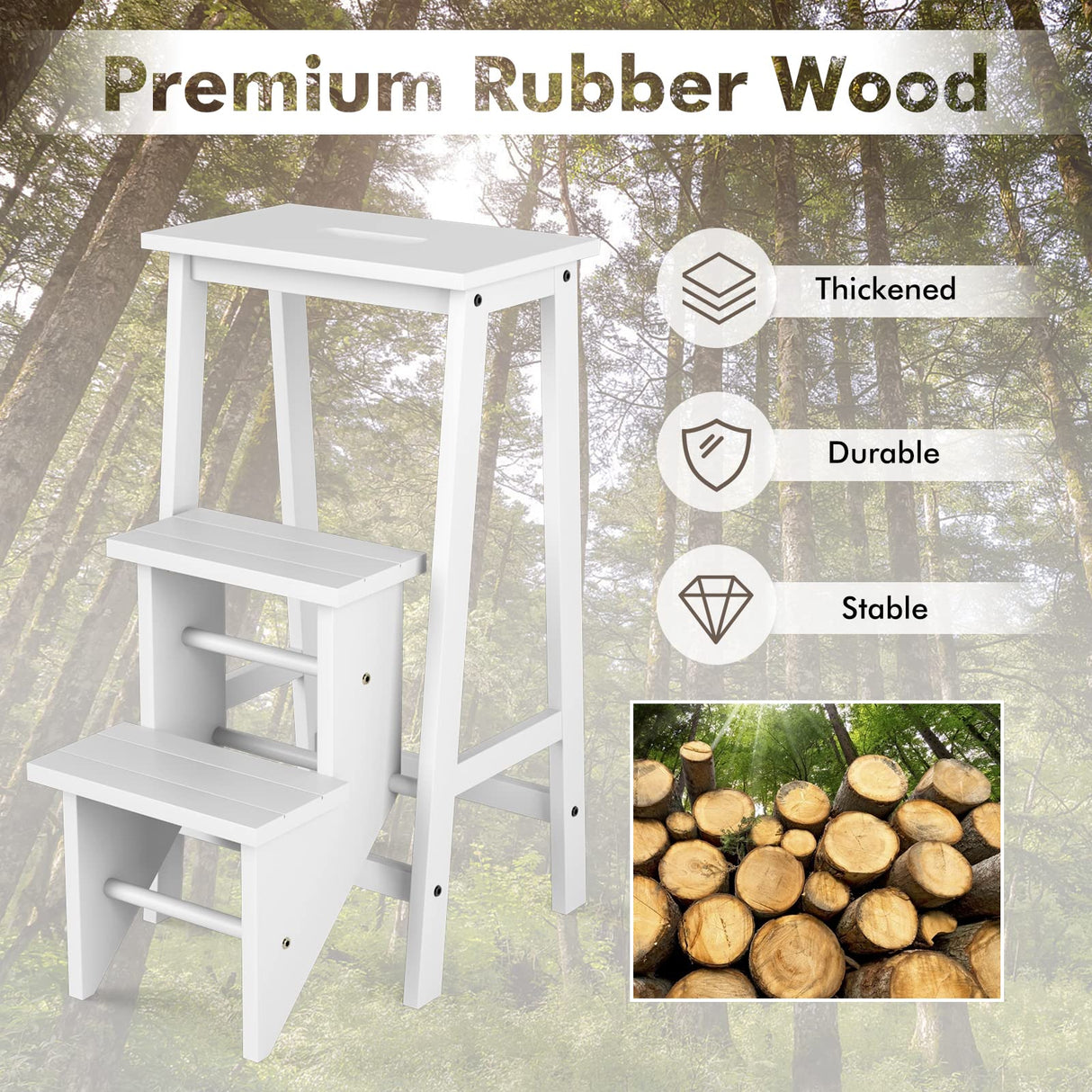 Giantex 3 Tier Folding Step Ladder, Multifunction 3-in-1 Wood Step Stool, Display Ladder and Storage Shelf for Library, Home Kitchen, Household Work, White Giantex