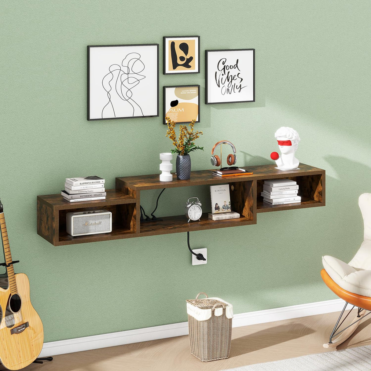 IBUYKE 59" Floating TV Stand Wall Mounted with Power Outlet,Wood Wall Mounted Media Console Shelf,Floating Entertainment Center for Under TV Storage for Living Room Bedroom Office,Rustic Brown WST007H IBUYKE