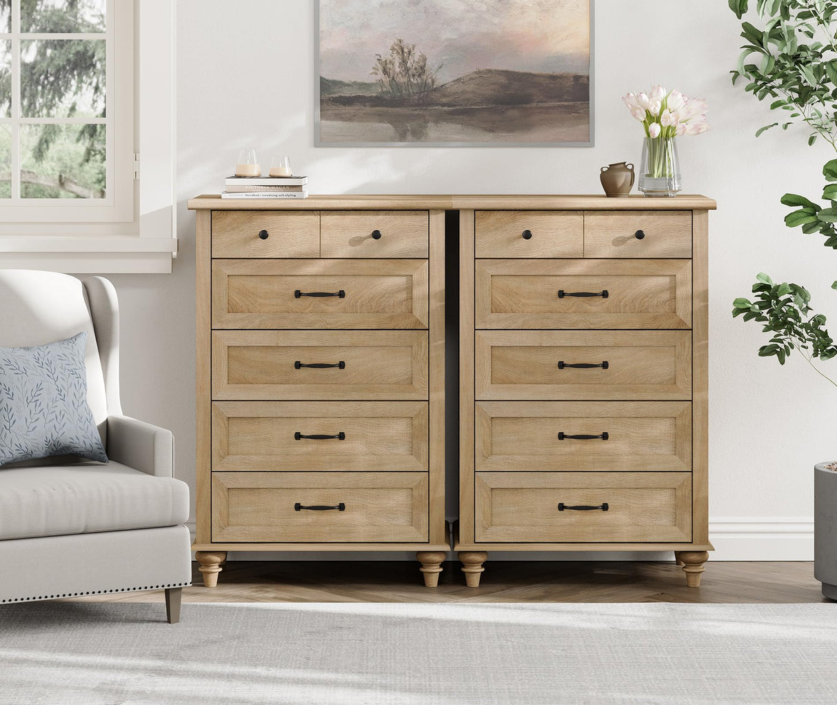 WAMPAT Wide Dresser for Bedroom with 10 Drawers, Farmhouse Chest of Drawers with Solid Wood Legs, Vertical Dresser Storage Organizer, Wooden Dressers Set for Kids Bedroom, Hallway, Oak WAMPAT