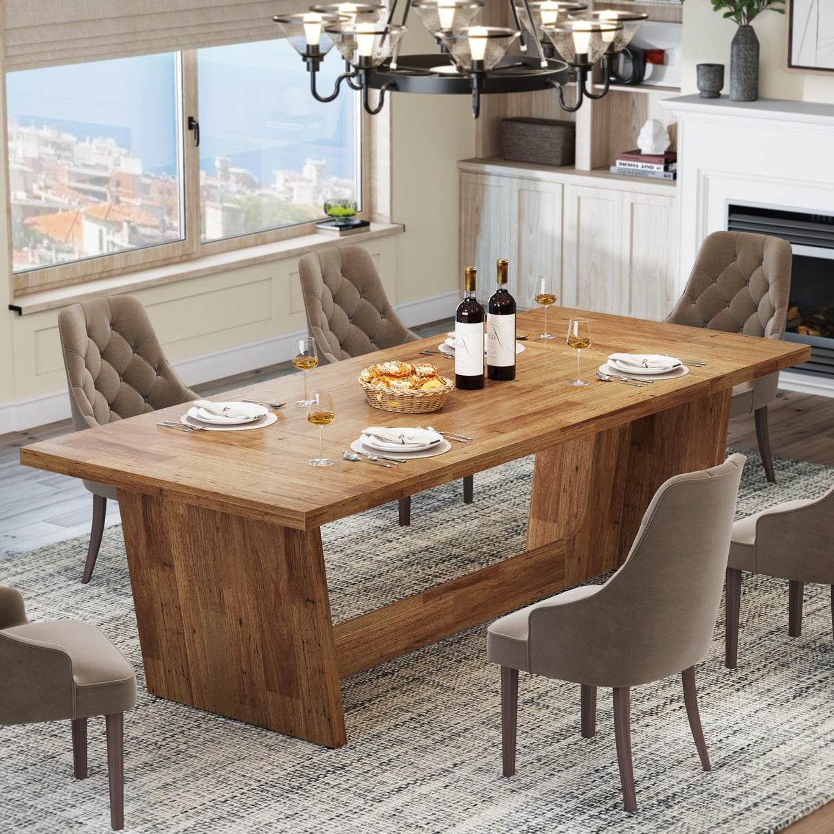 Tribesigns 70.87-Inch Dining Room Table: Wood Large Dining Table for 6-8 People, Rectangular Farmhouse Kitchen Table with Solid Pedestal, Rustic Long Dinner Table for Big Family Tribesigns
