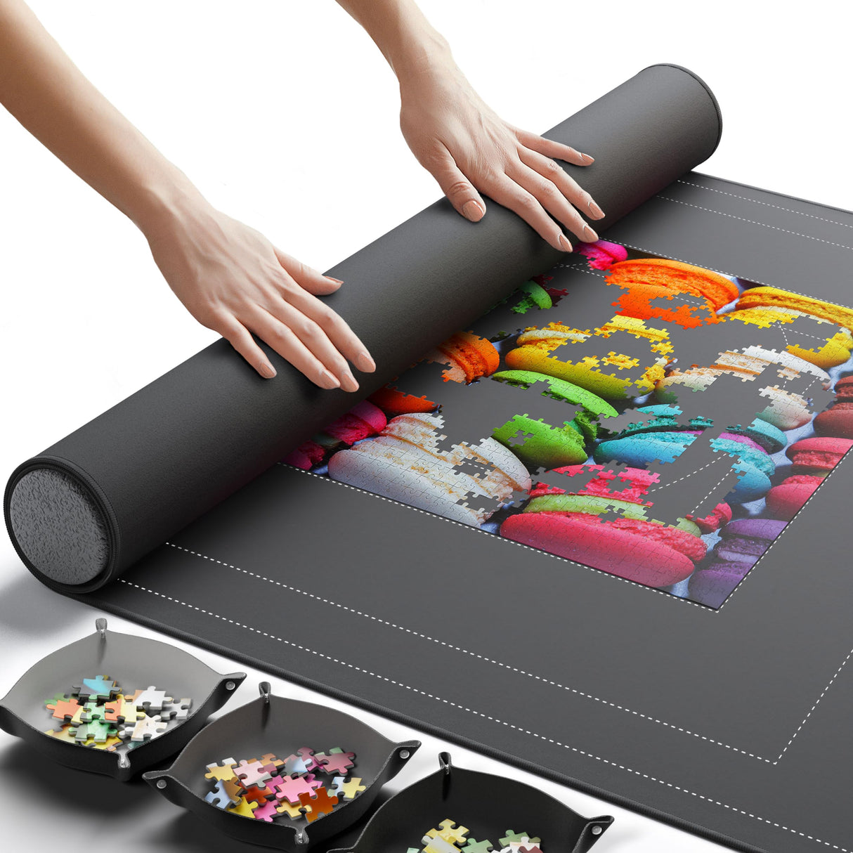 Newverest Jigsaw Puzzle Mat Roll Up, Saver Pad 55” x 35.5” Portable Keeper Up to 3000 Pieces with Non-Slip Rubber Bottom and Polyester Top + 3 Puzzle Sorting Trays, Travel-Friendly Storage Bag Newverest