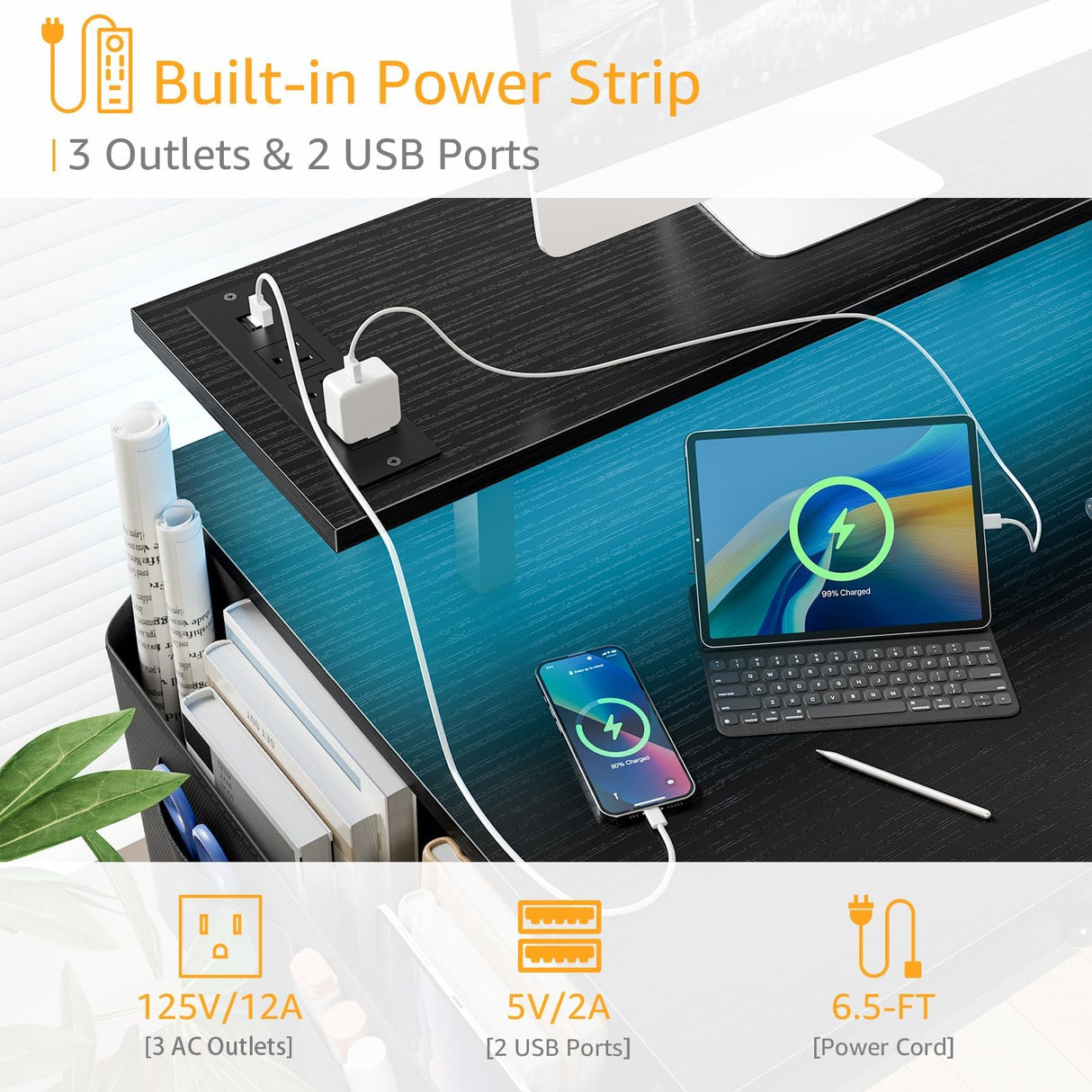 Black Computer Desk with Shelves and Drawers - 47 Inch Home Office Desk with Drawers and Shelves, Small Black Desk with Shelves, Computer Desk with Monitor Stand, RGB Gaming Desk with Power Outlet DLisiting