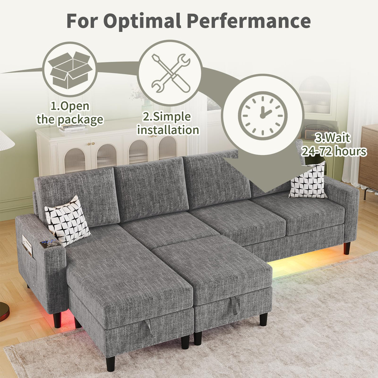 Sectional Couches for Living Room, 6-Seats Soft Linen Fabric Sectional Sofa with Storage Ottoman, Modern Convertible U/L Shaped Couch with Smart Charging Module/LED Light/Music Sync (Light Grey) BULAIMEIKEEY
