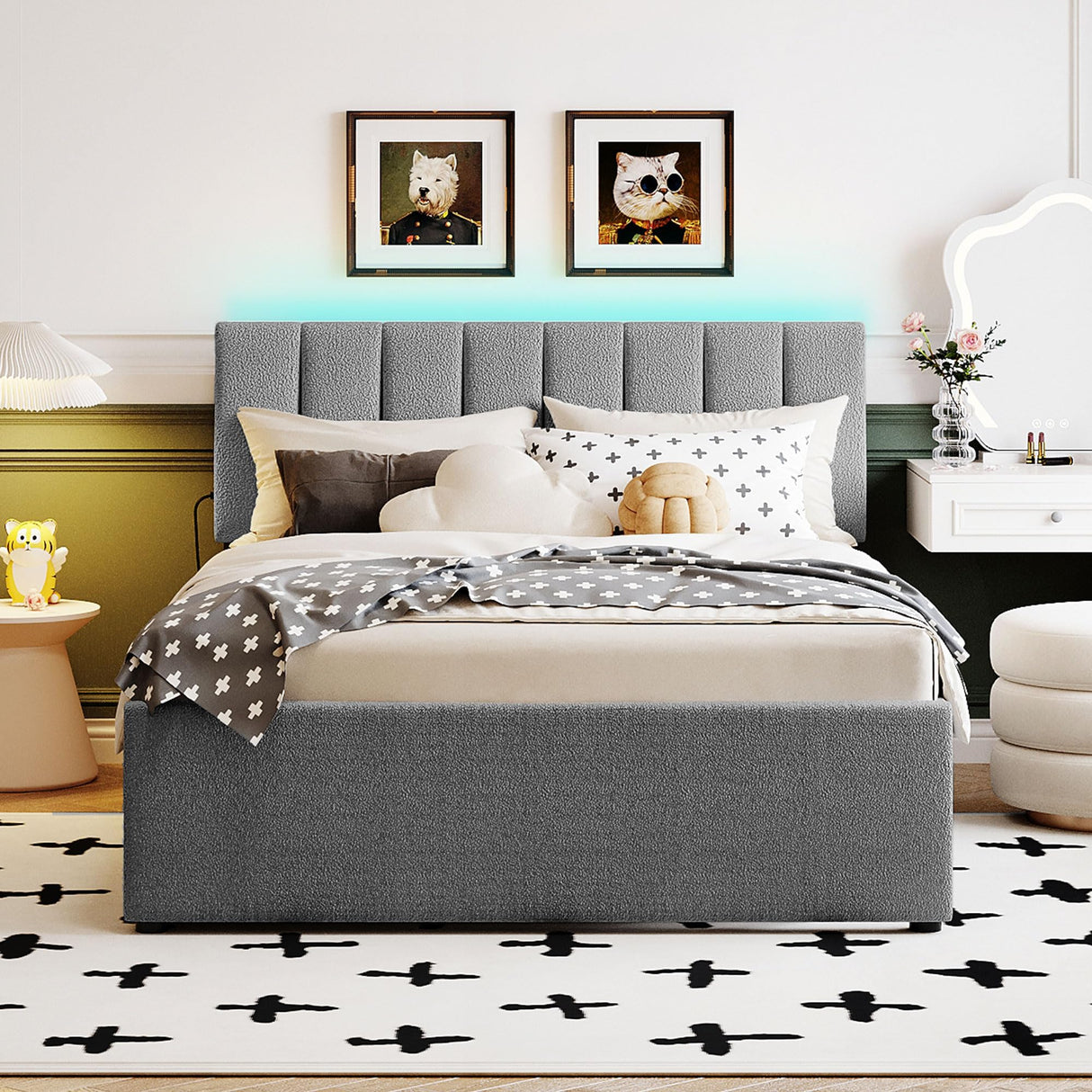 Harper & Bright Designs Full Size Upholstered Platform Bed with Twin Size Trundle, Teddy Fleece LED Platform Bed Wood Frame with Headboard, No Box Spring Needed - Gray Harper & Bright Designs