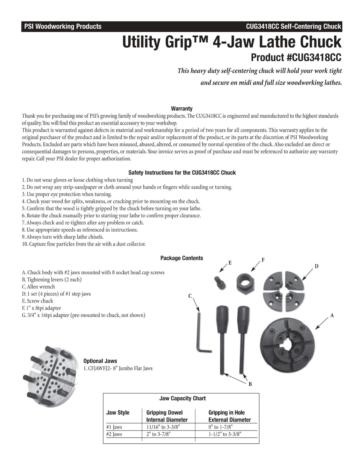 PSI Woodworking CUG3418CC Utility Grip 4-Jaw Lathe Chuck System PSI Woodworking