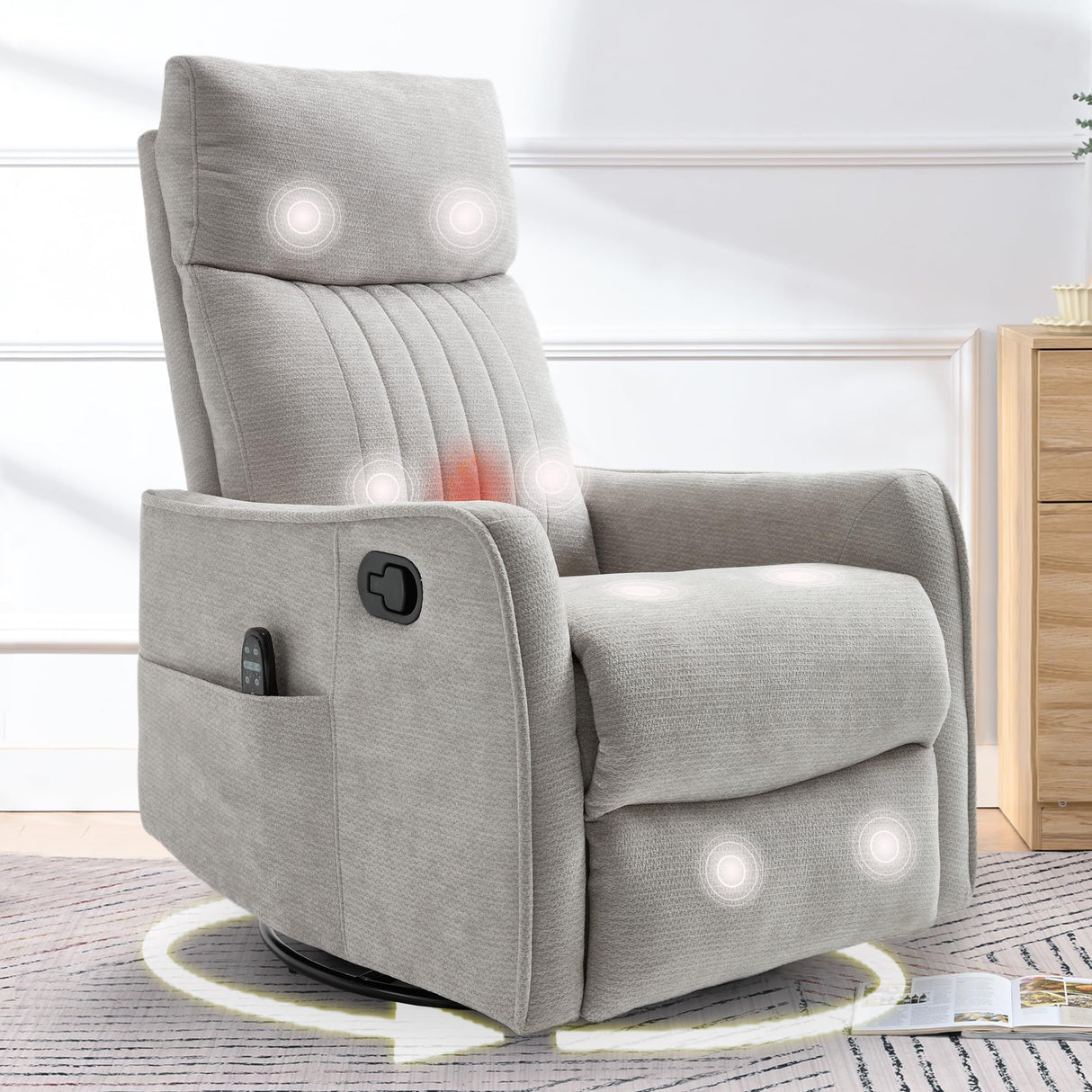 cinkehome Heated Massage Swivel Rocker Recliner Chair Nursery - Small Space Reclining Chair with Lumbar Support, 360° Swivel & Gentle Rocking, Ergonomic High Back Chenille Fabric Beige cinkehome