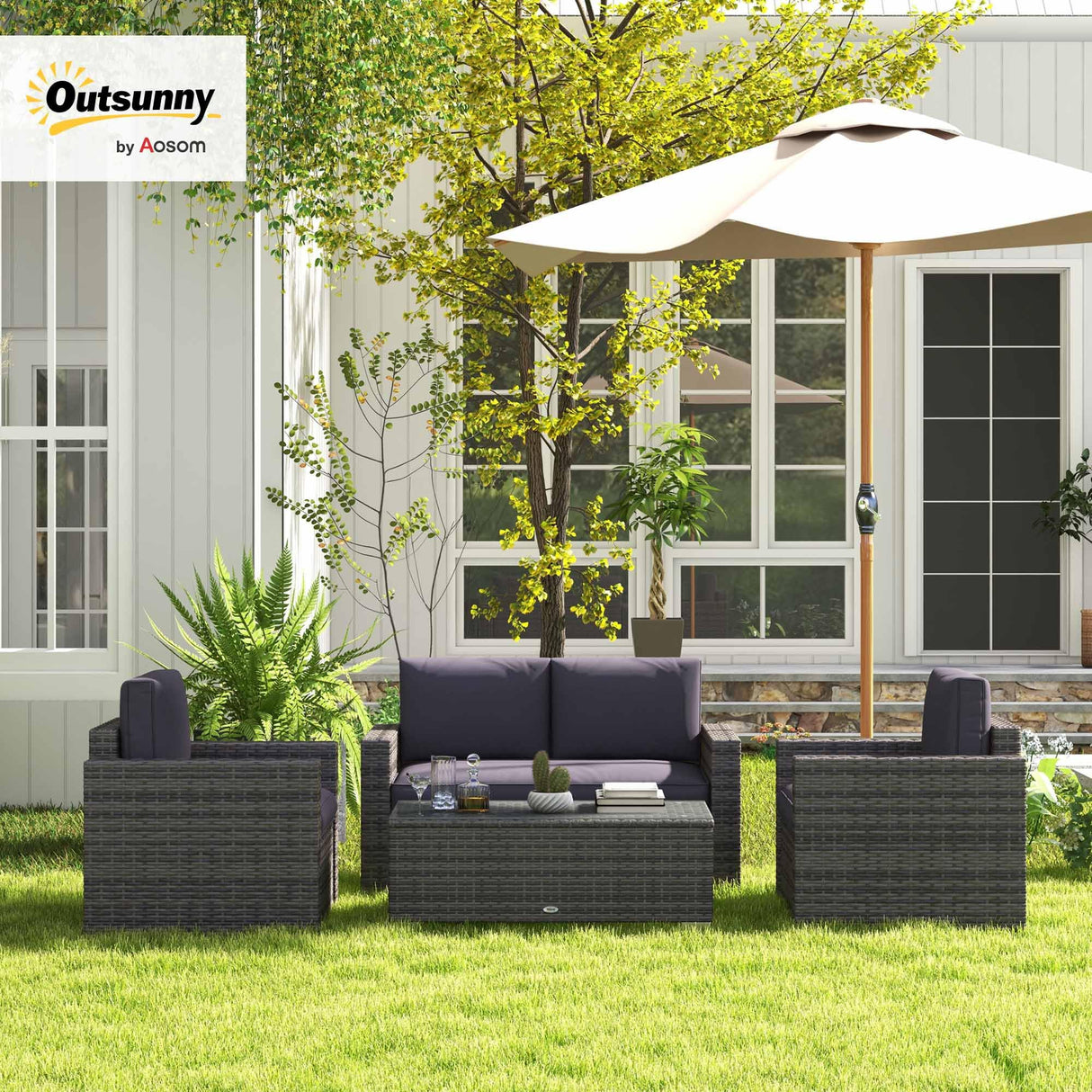 Outsunny 4 Piece Wicker Patio Furniture Set with Cushions, Outdoor Sectional Furniture with 2 Sofa, Loveseat, and Glass Top Coffee Table, Conversation Sofa Sets for Garden, Gray Outsunny