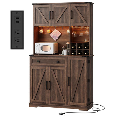 Dripex 71" Pantry Cabinet with Charging Station, Farmhouse Kitchen Pantry Storage Cabinet with Outlet & LED Light, Microwave Stand, Tall Kitchen Hutch with Storage for Living Room, Dining Room, Brown