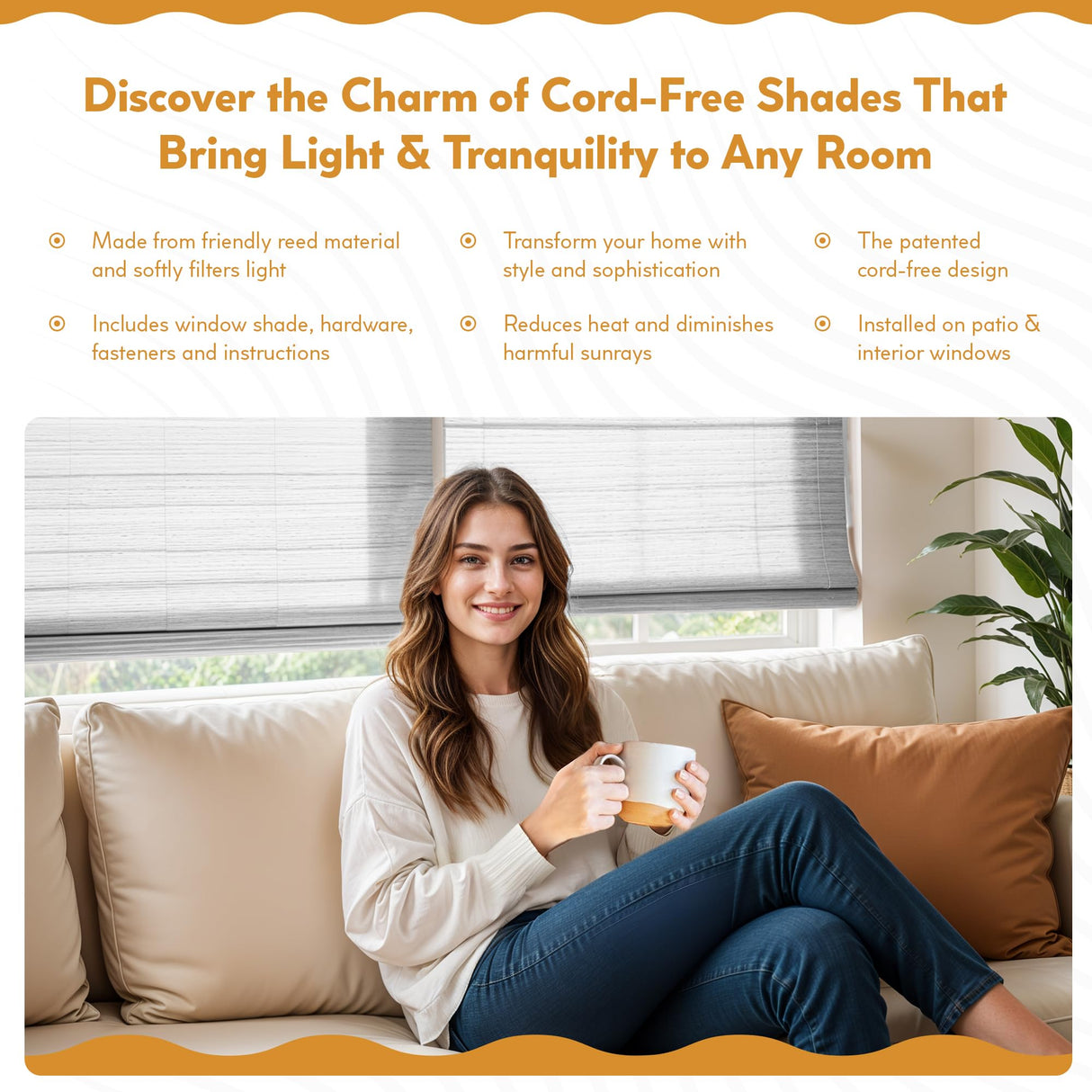 Radiance Cordless Bamboo Roman Shades for Windows - Matchstick Bamboo Blinds for Semi-Private Light Control - Easy to Lift & Fold Up Window Shades - White - 30" W x 64" L - (2215328E) Radiance