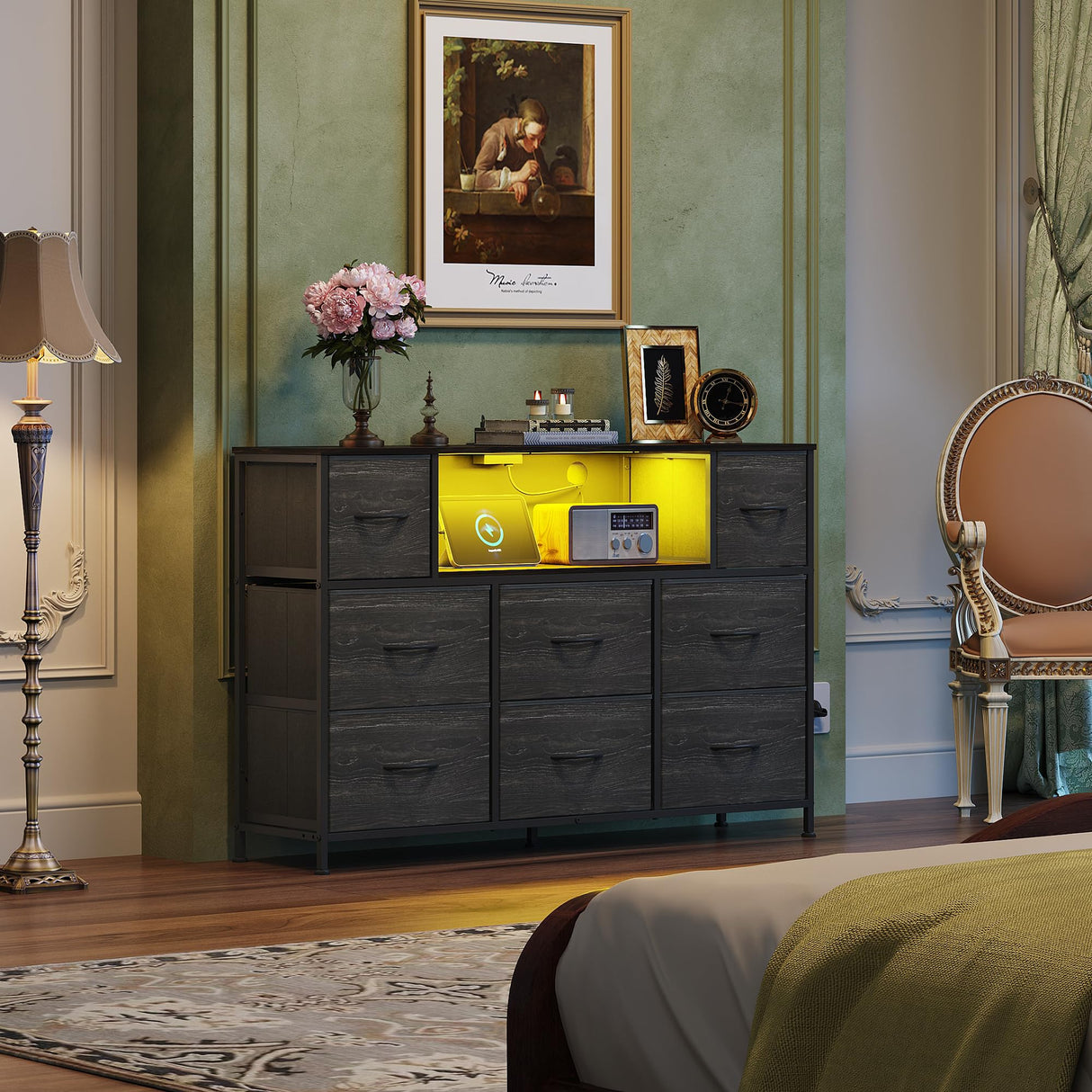 WLIVE Black Dresser for Bedroom, TV Stand for Bedroom for 55 inch TV with Charging Station and LED Lights, Fabric Chest of Drawers with Open Shelves, 8 Drawers Dressers for Living Room, Closet WLIVE