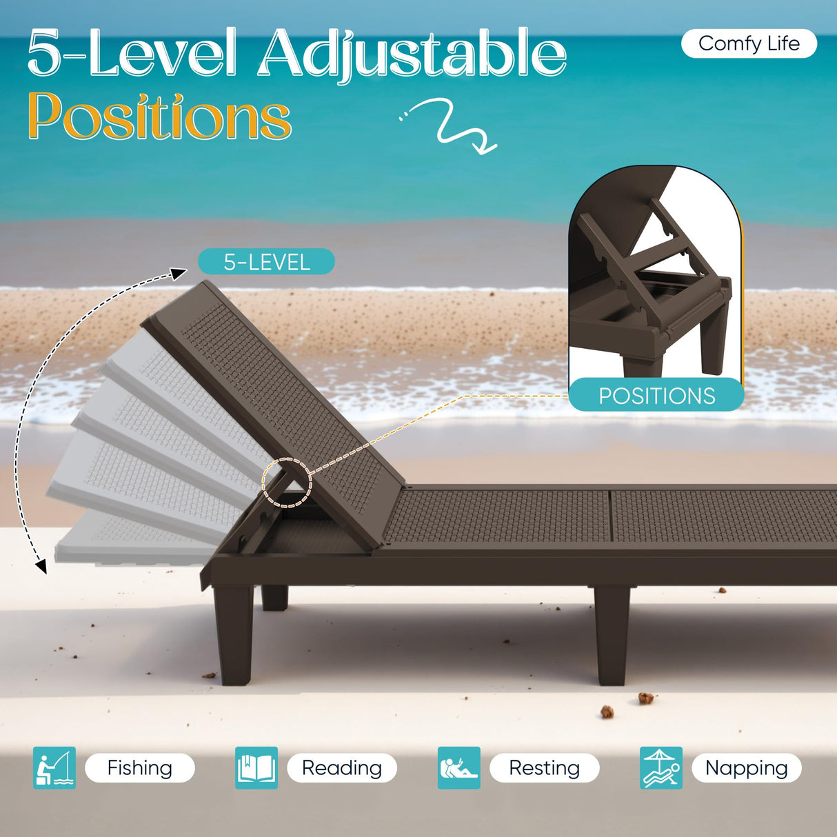 Greesum Outdoor Chaise Lounge Chairs Set of 2 with 5-Position Adjustable Backrest, Waterproof PP Sun Loungers for Garden Pool Beach Patio Deck Sunbathing, Brown Greesum