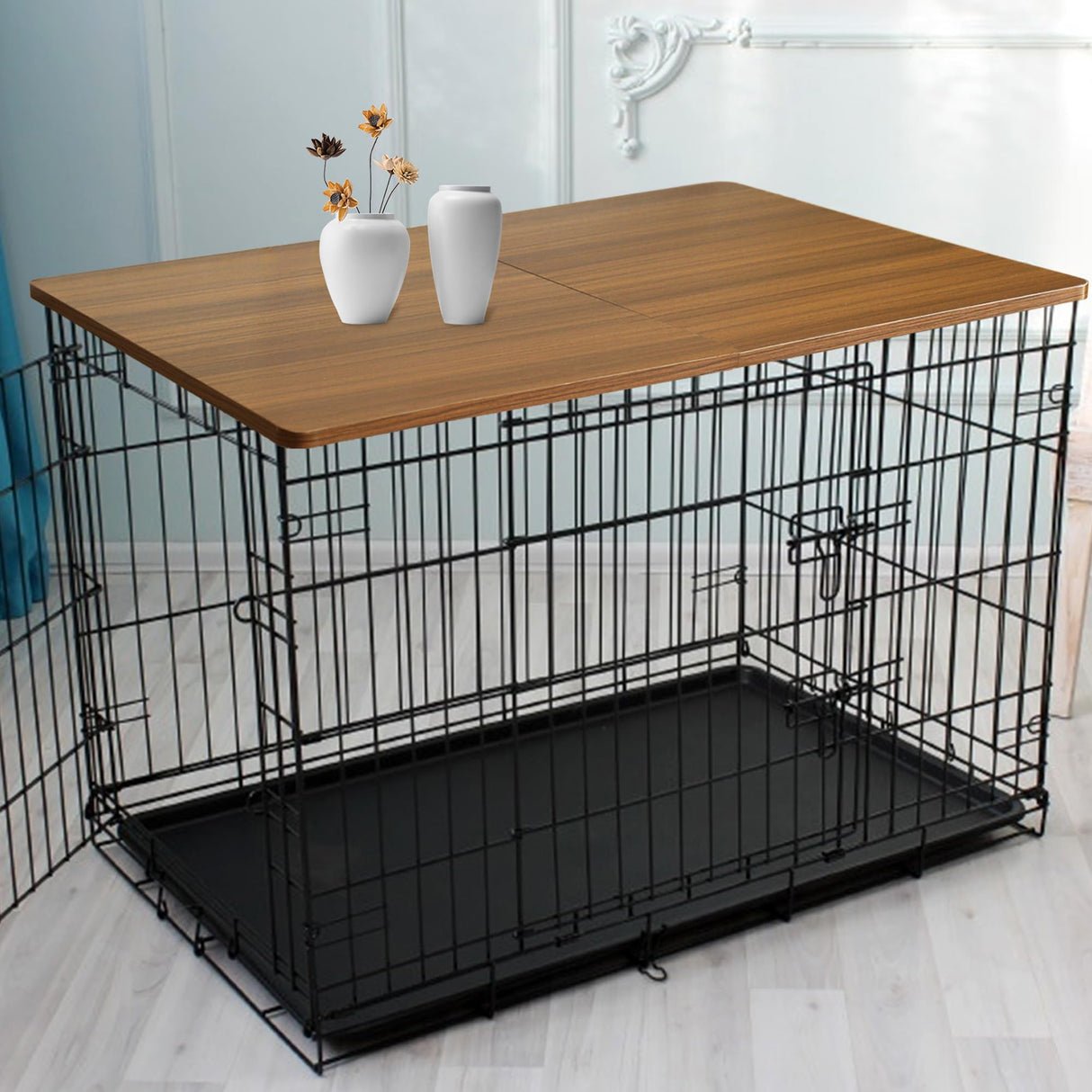 Deblue Foldable Dog Crate Topper, Crate Topper for 48in Wire Dog Cages, Wooden Dog Kennel Table Top for Large Dog, Foldable, Portable (for 48 in Crate, Only Topper) Deblue