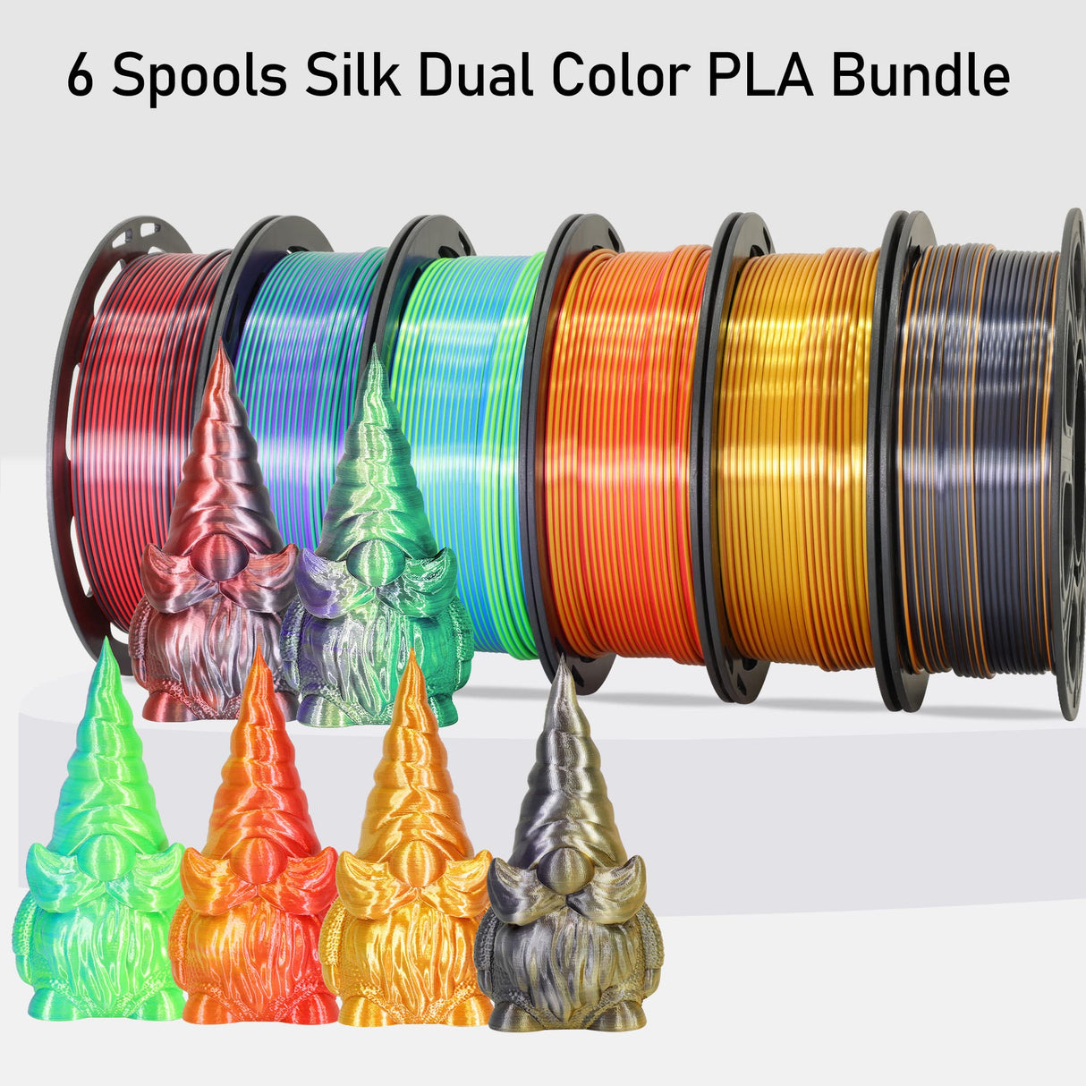 MIKA3D 6 Spools Bicolor Dual Color 1.75mm 3D Printer Filament Bundle, 3D Printing Silk PLA, Silk Red-Gold/Red-Black/Black-Orange/Gold-Copper/Lime Green-Blue/Green-Purple, 3D Silk PLA 250g X 6 Spools MIKA3D