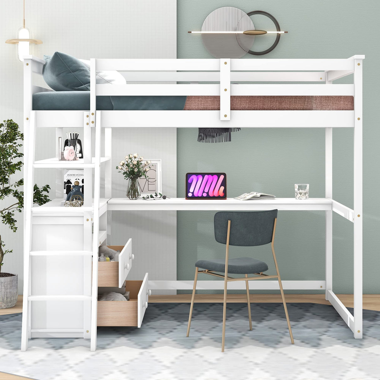 Merax Full Size Loft Bed with Desk Wood Loft Bed Frame with Shelves, and 2 Built-in Drawers, White Merax