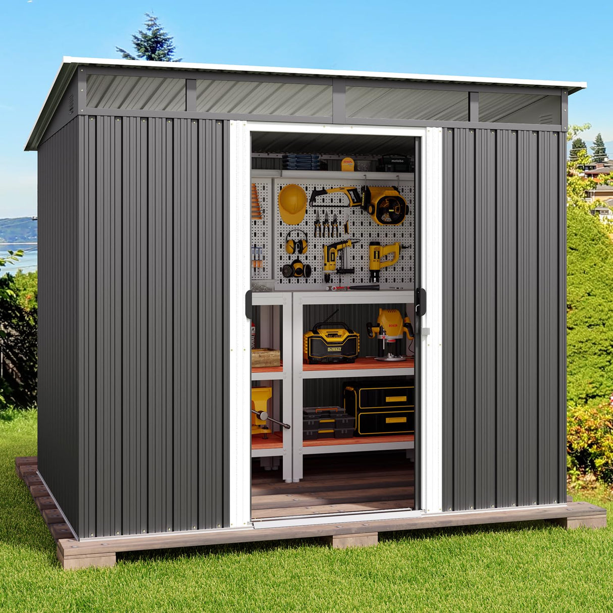 Gizoon 7.4'x5.3' Outdoor Storage Shed Metal Garden Shed with Sliding Lockable Doors, Versatile Tool Bike Shed with Transparent Panel Windows, Outdoor Storage Clearance for Backyard, Patio, Dark Gray Gizoon