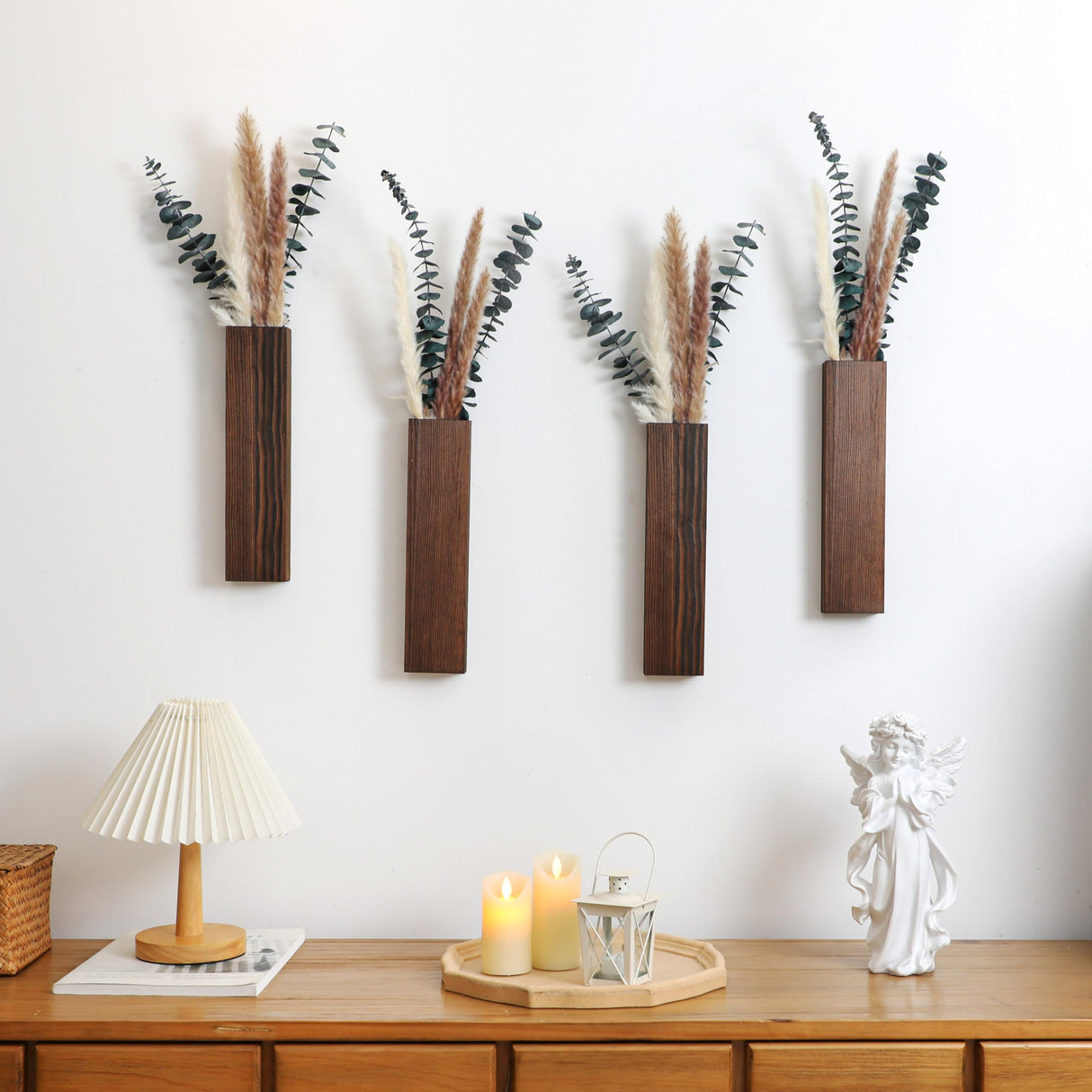 Wood Wall Planter 4 Pack Wall Decor for Artificial Flower Plants Wooden Plants Holders Wall Plant Pocket Vase Hanging for Living Room Bedroom Dining Rmeosye