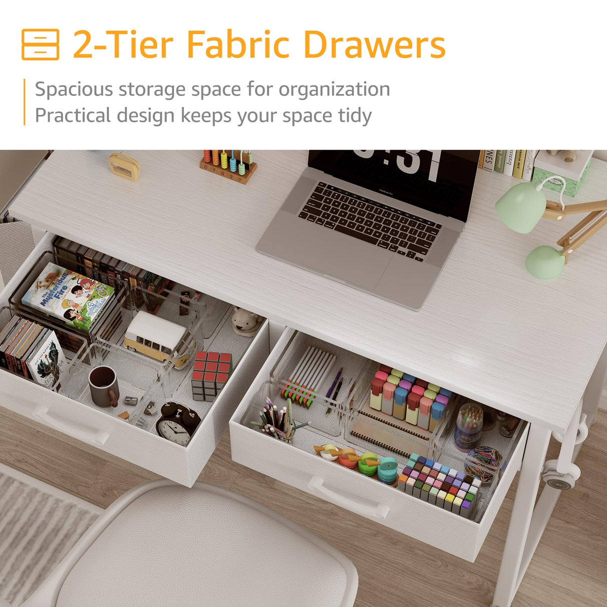 DLisiting White Small Desk with Fabric Drawers - 32 Inch Vanity Desk with Storage Drawer and Bag for Bedroom, Study Writing Table for Small Spaces, White DLisiting