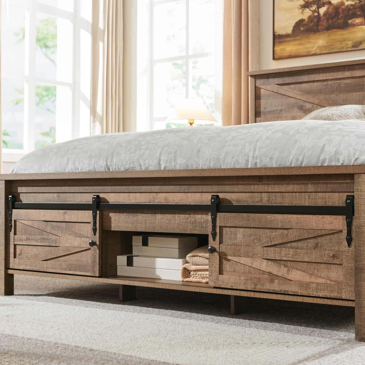 XIASLO Farmhouse King Size Bed Frame with Headboard, Sliding Barn Door Storage Cabinets, Sturdy Wood Slats Support, No Box Spring Needed, Noisy Free, Easy Assembly, Rustic Brown XIASLO