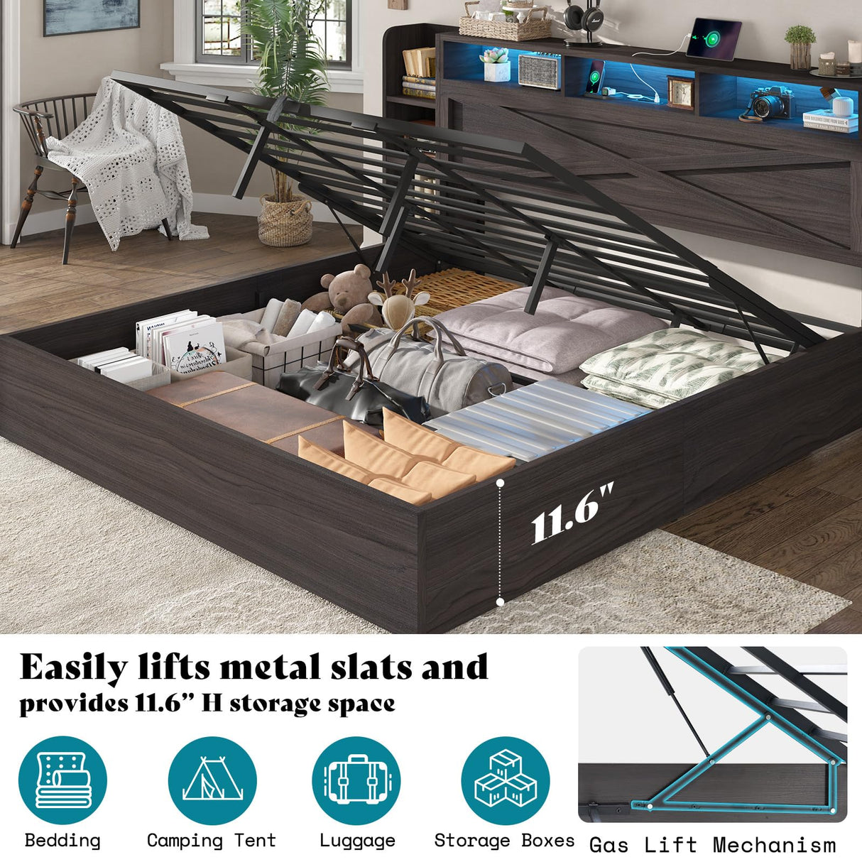 AMERLIFE Queen Size Lift Up Storage Bed Frame, 45.1" LED Bed Frame with 2 Side Shelves & Bookcase Headboard, Farmhouse Wood Platform Bed with Charging Station, No Box Spring Needed, Black AMERLIFE