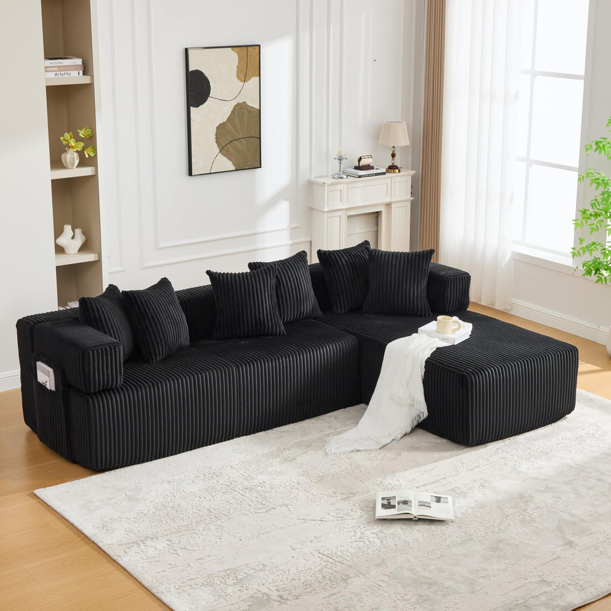 Oversized Cloud Boneless Couch with Chaise, Modern Modular Sofa with Deep Seat, Various Combinations Upholstered Couches with Storage, No Assembly Required-Black ZEIINPA