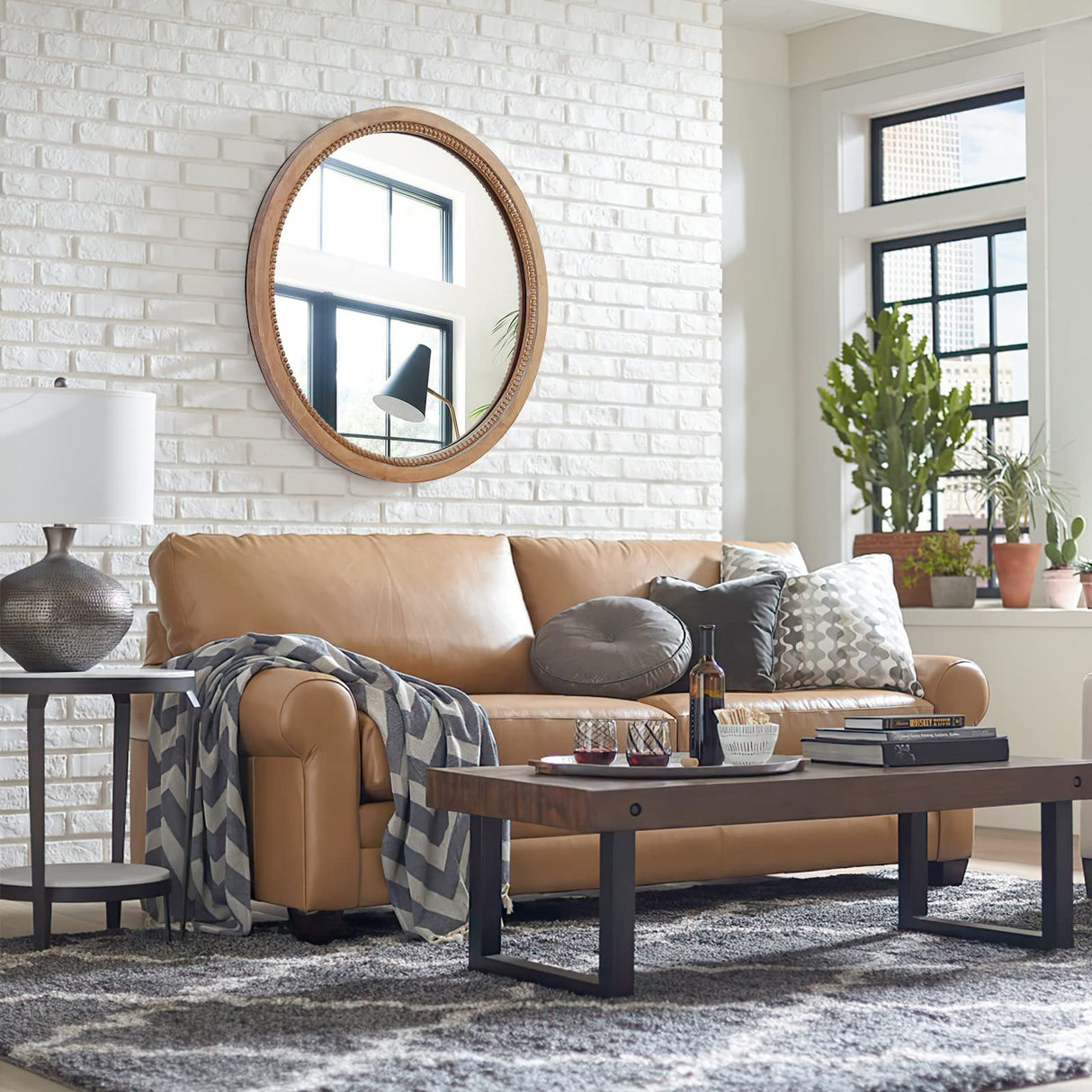 Sawsile Round Decorative Circle Farmhouse Style Mirror - 24inch Rustic Natural Wooden Frame Beads for Bedroom, Bathroom, Living Room or Entryway sawsile