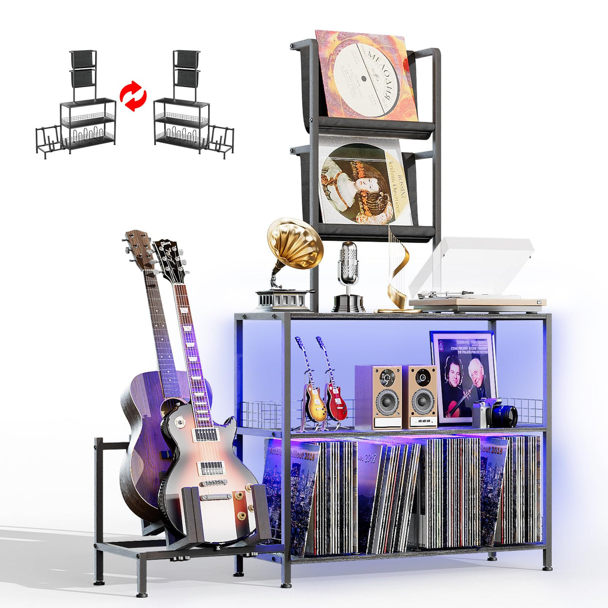kepptory Vinyl Record Player Stand with Guitar Stand, Record Player Table with RGB LED Light, Record Player Cabinet with Vinyl Storage Holds up to 300+ Albums, Vinyl Player Stand for Home Use (Black) kepptory