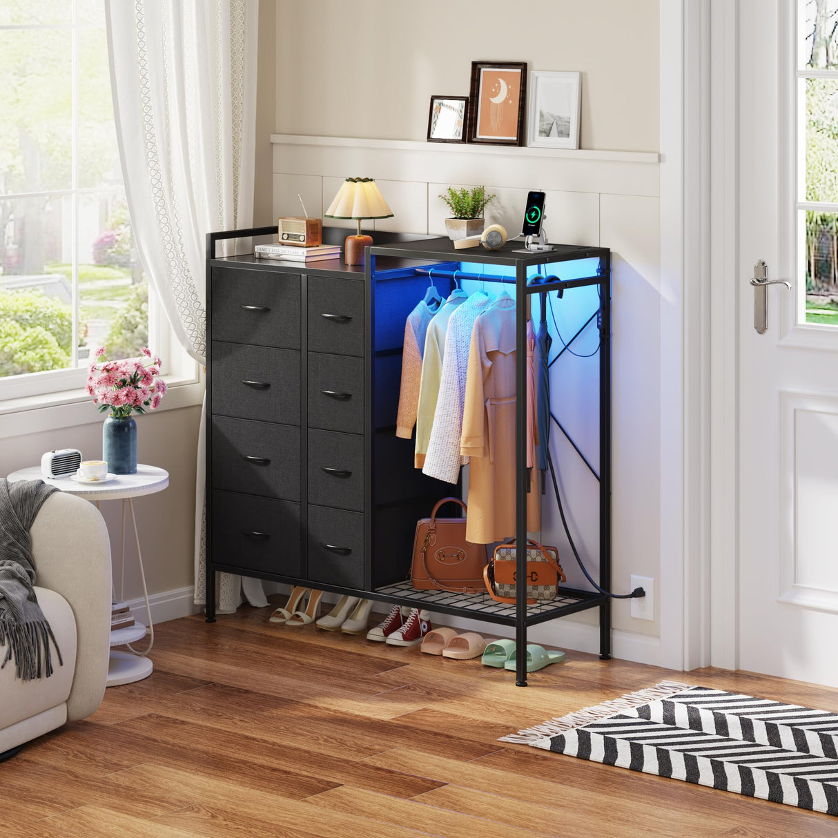 HIGDBFE 8-Drawer Dresser with Hanging Rack, Bedroom Dresser with Charging Station & LED Lights, Kids Dressers with Shoe Rack for Clothes Storage, Chest of Drawers for Bedroom, Closet, Black HIGDBFE