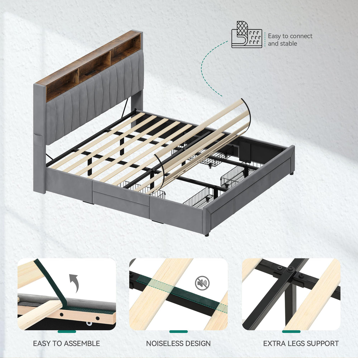 YITAHOME King Bed Frame with 3 Drawers, Upholstered Bed Frame with Storage Headboard, LED Platform Bed with Charging Station, No Box Spring Required, Simple Setup (Grey) YITAHOME