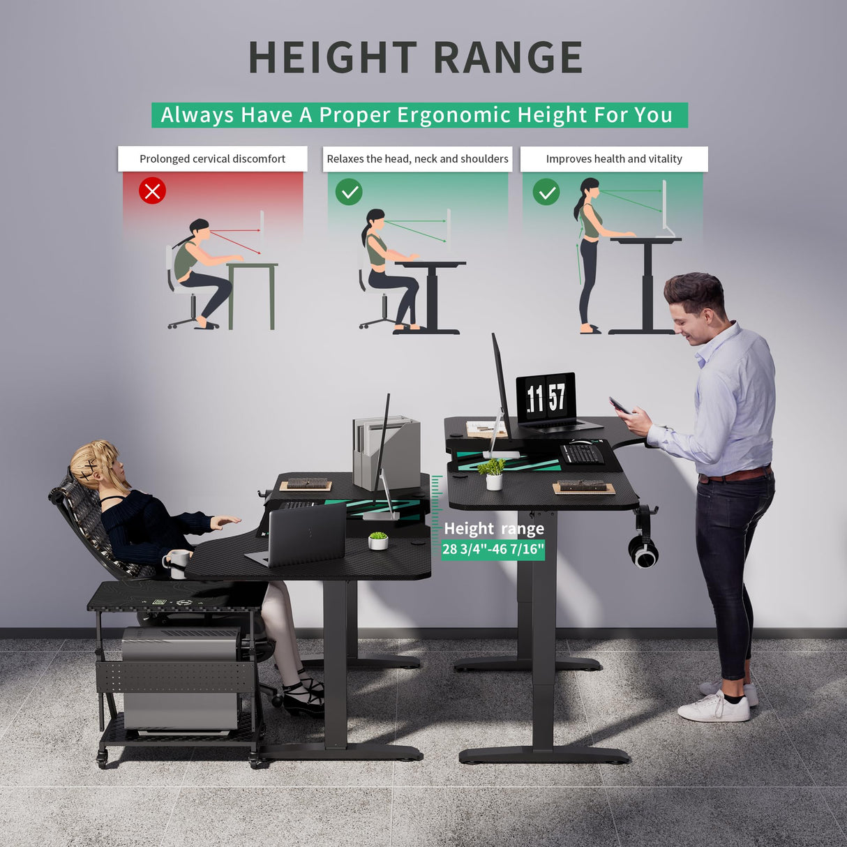 JWX Standing Adjustable Desk, 63 inches L Shaped Electric Standing Gaming Desk with Locking Wheels, Cup Holder, Headphone Hook, Cable Manager, Mouse pad, Carbon Fiber Textured Pane JWX