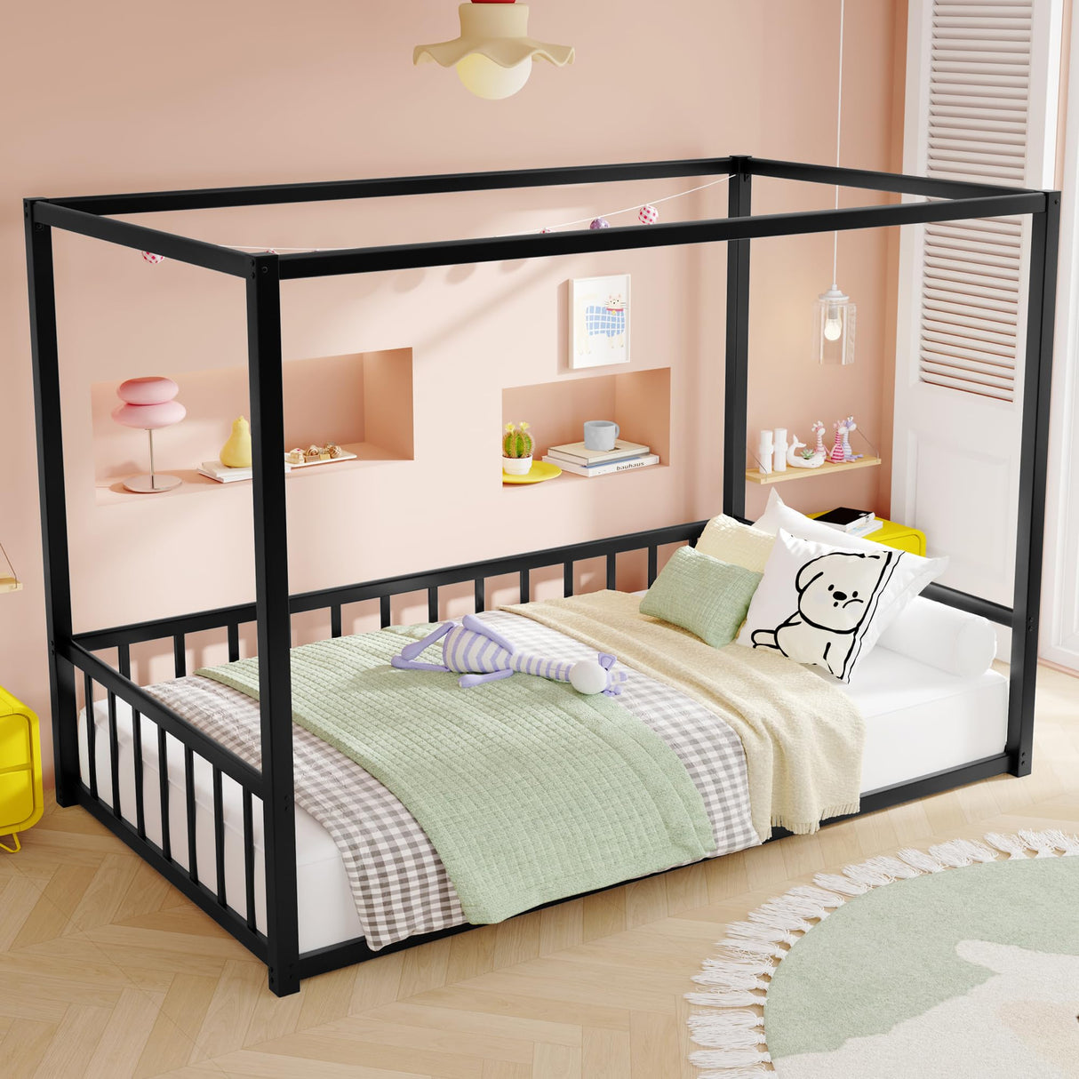 Twin Size Canopy Bed Frame with 4 Posters and Guardrails, Twin Size Montessori Floor Bed with High Fence, Anti Bump Design, Easy Assemble, Metal Montessori Bed Black Bellemave