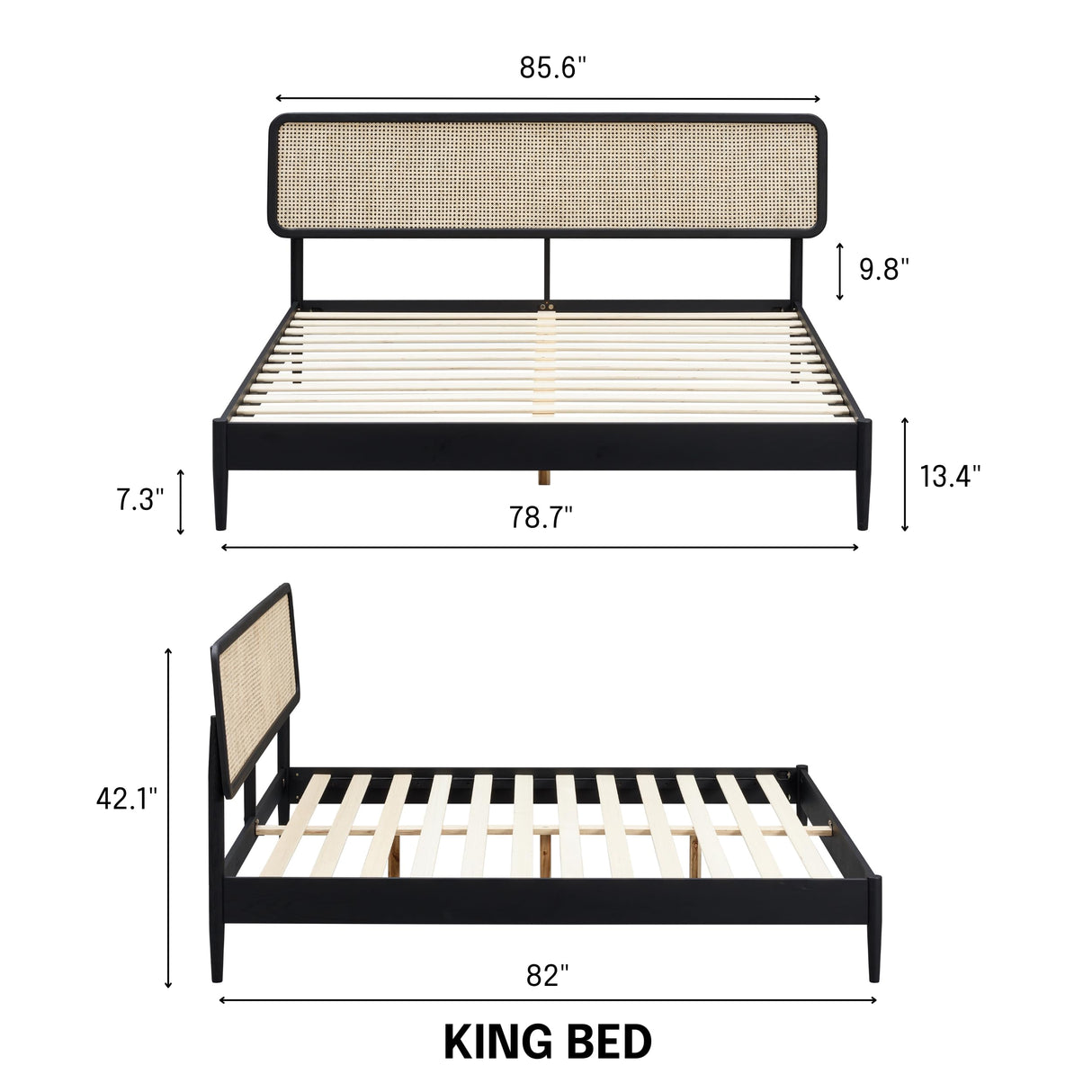 NTC Lupin Wooden Bed Frame with Headboard and Natural Rattan, Solid Oak Foundation with Silent Slats, 1000 Lb Capacity, Effortless Assembly, King - Burnt Black NTC