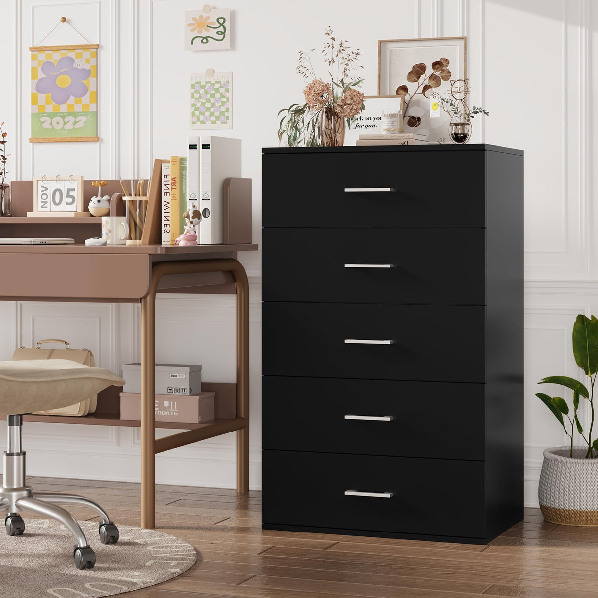 TTVIEW Tall Black Dresser, 5 Drawer Dressers with Large Capacity, Tall Dresser with Metal Handles, Chest of Drawers Cabinet Wood Dressers for Hallway Living Room TTVIEW