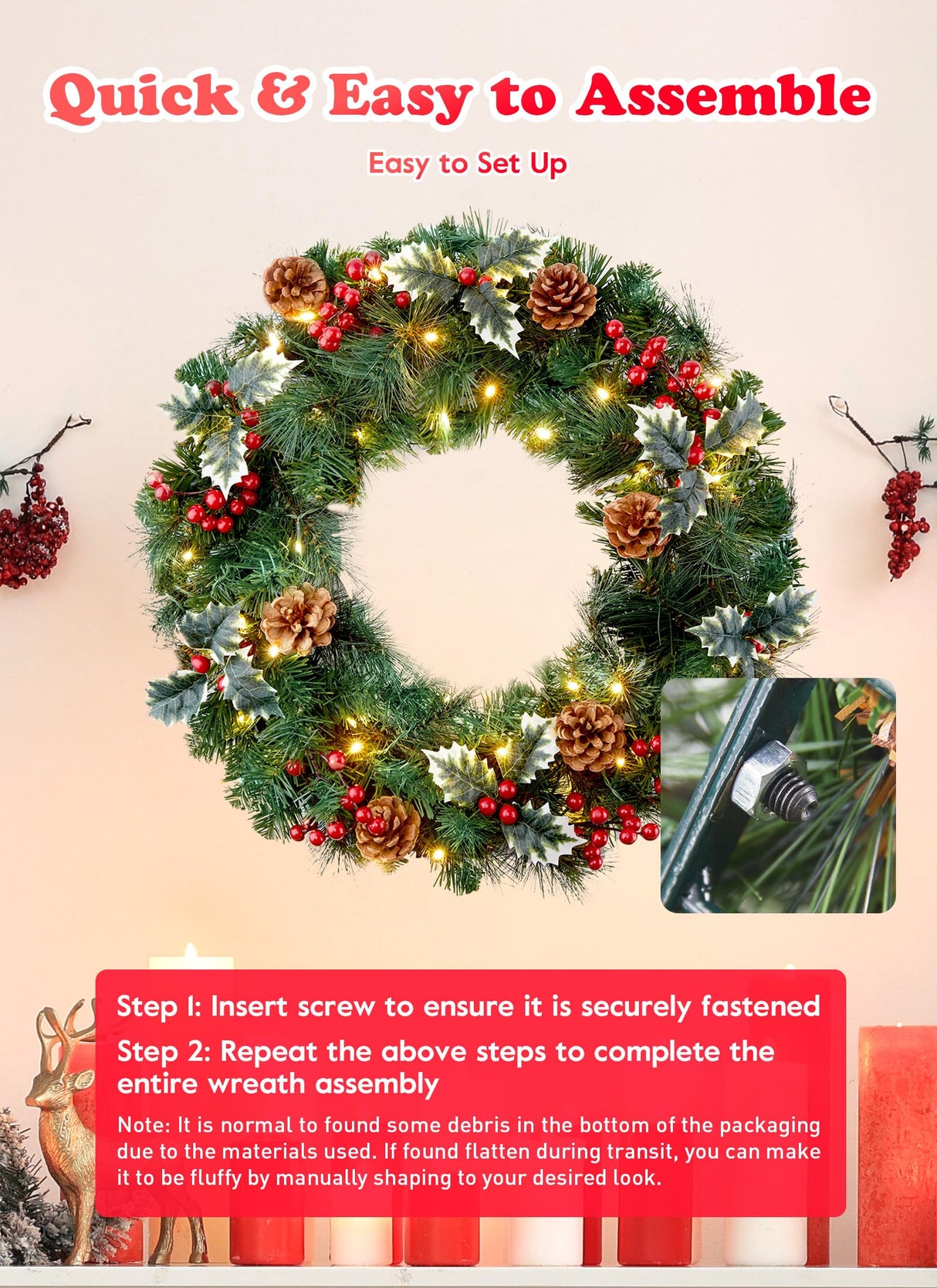 24 Inch Pre-Lit Artificial Christmas Wreath, Battery Operated LED Christmas Wreath with Pine Needles Branches Hari Leaves Red Berry Pine Cones Lighted Wreath for Front Door Wall Windows X-mas Ornament Brightown