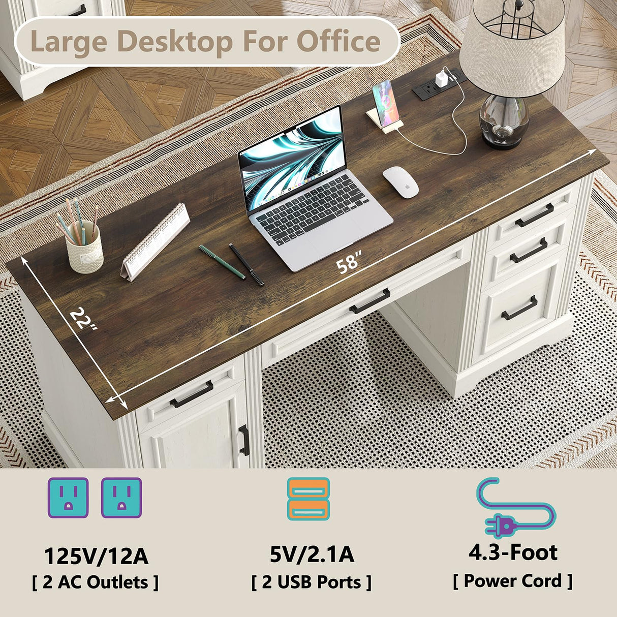 Furniouse 58" Executive Desk, Farmhouse Computer Desk with Drawers and Cabinet with Charging Station, Wooden Home Office Desk, Workspace for Work Study Writing, Brown Tabletop, Off White Furniouse
