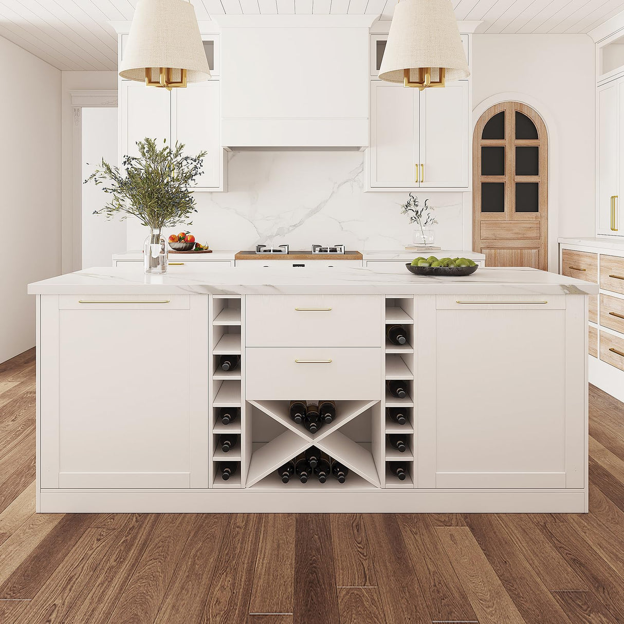 homary Kitchen Island 72" Modern White Melamine Islands Table with Wine Storage & Seating Space Sturdy Board Kitchen Cabinet with Extra Storage for Home homary