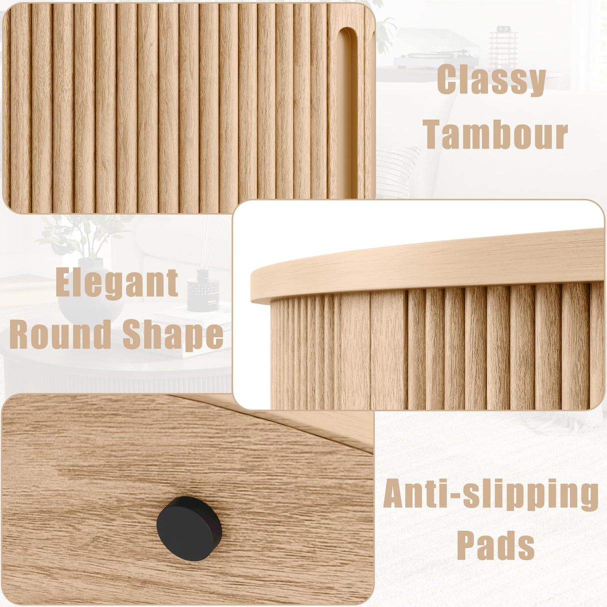 LINSY HOME Oval Coffee Table, Wood Coffee Table with Storage, Fluted Accent Center Table with Sliding Tambour Door, 39" Boho Coffee Tables for Living Room, Bedroom, Apartment, Oak