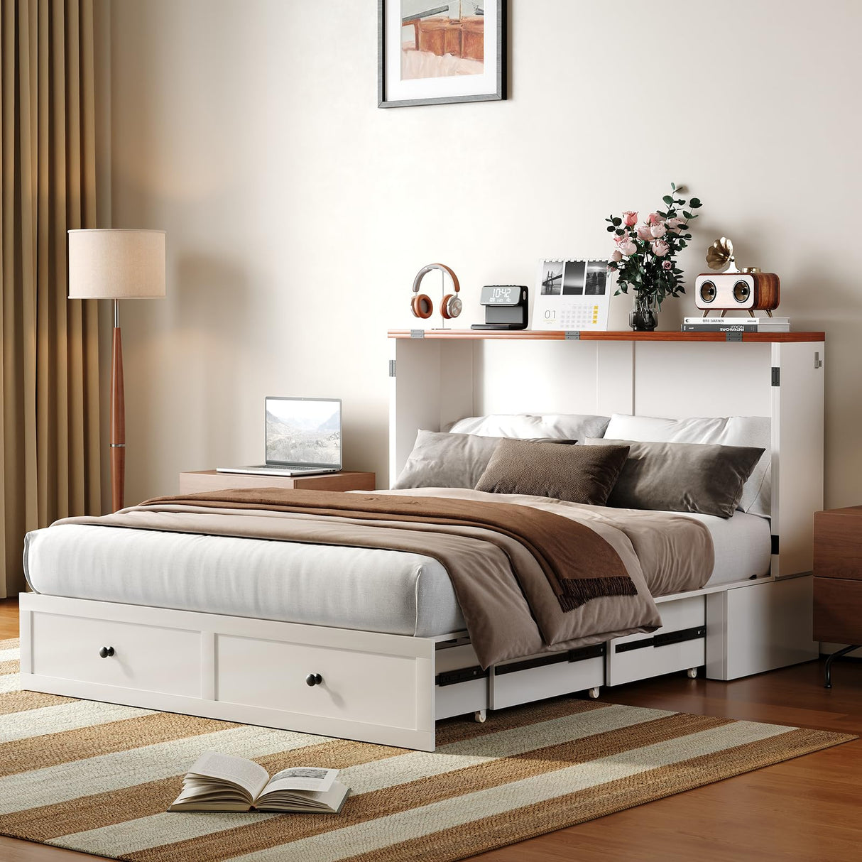 Mjkone Murphy Bed, Full Size Cabinet Bed with Tri-Folding Memory Foam Mattress, 2 Storage Drawers, Murphy Chest Beds with Built-in Charging Station for Living Room Home Office, Easy Assembly (White) Mjkone