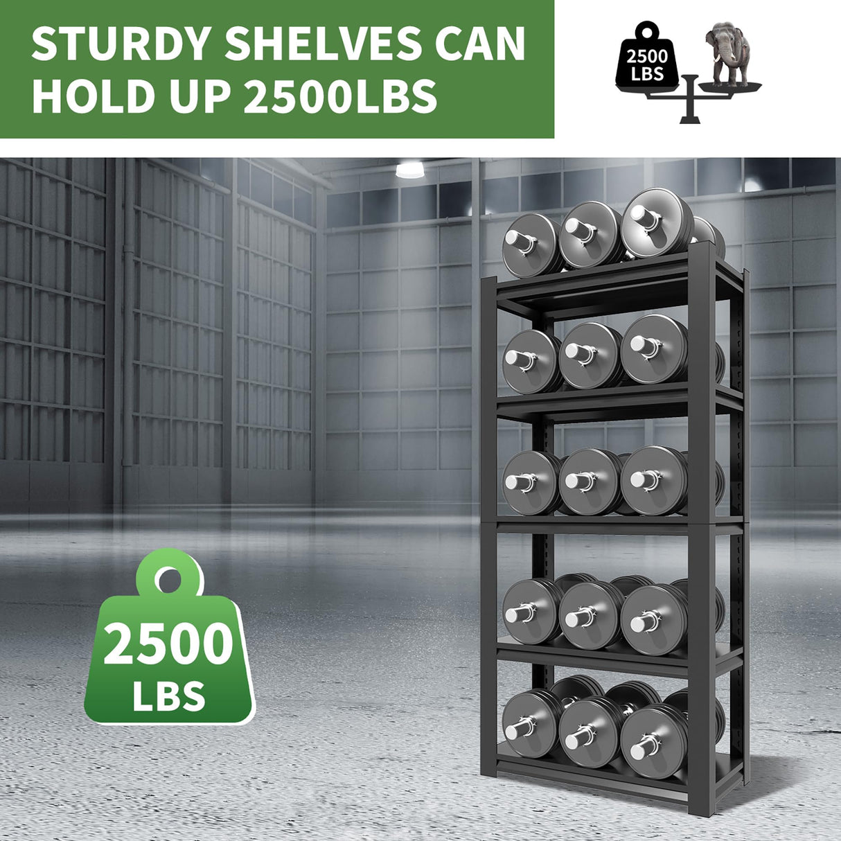 VIYET Garage Shelves,72" H Garage Shelving Heavy Duty, 2500Lbs 5 Tier Adjustable Garage Storage Shelves Suitable for Warehouse, Basement, Workshop, Kitchen, Require Assembly, 16" D*36" W*72" H, Black VIYET