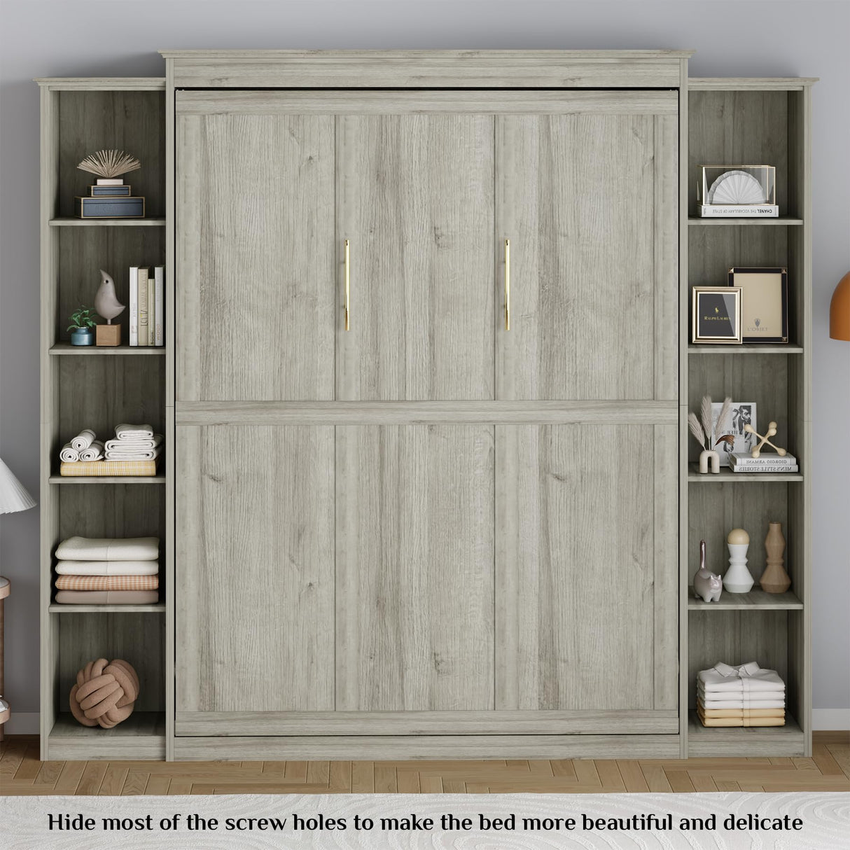 Rophefx Queen Murphy Bed Cabinet with 5-Tier Adjustable Storage Shelves, Queen Wall Bed Cabinet Bed, Wood Space Saving Beds, Foldable Platform Beds, Hidden Bedframe for Guest Room, Bedroom,Grey Rophefx