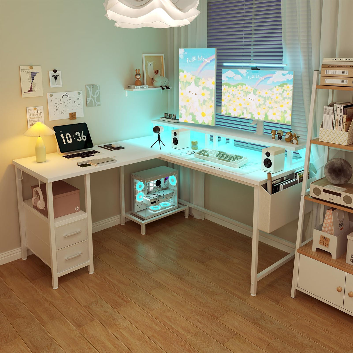 Lufeiya White L Shaped Computer Desk with Fabric Drawers, 47 Inch Corner Home Office Desk with Monitor Stand Shelves, Writing Study Gaming Desks with Led Lights and Power Outlets for Bedroom, White Lufeiya