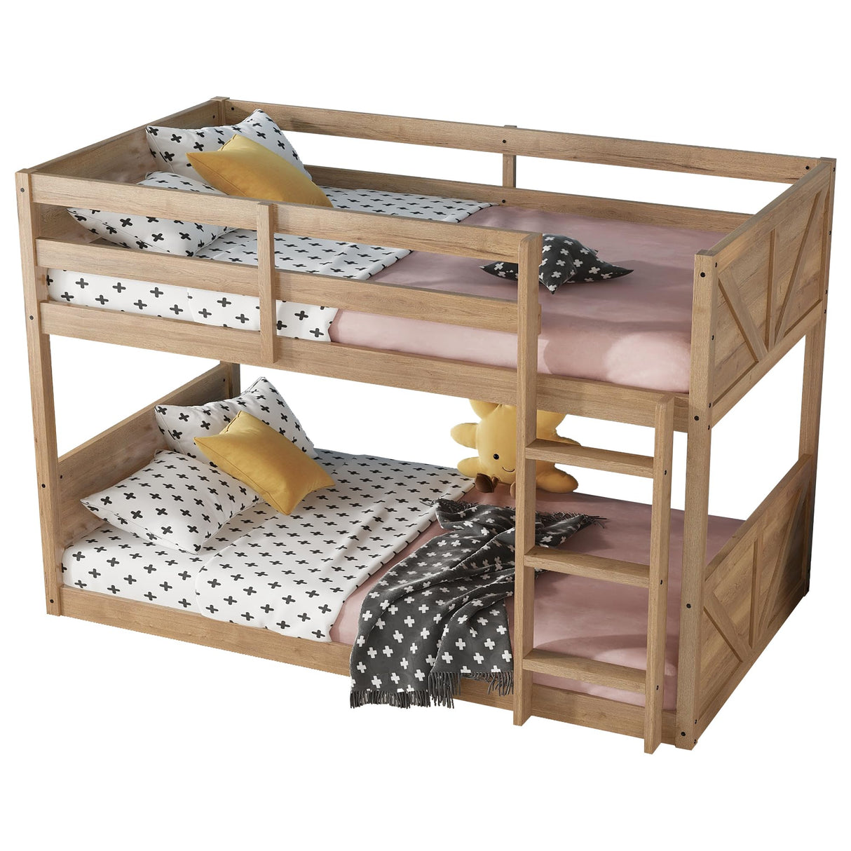 Twin Over Twin Low Bunk Beds with Rustic Headboard & Footboard – Solid Rubber Wood Floor Bunk Bed Frame, No Box Spring Needed, Perfect Small Bunked Frames for Kids, Teens, Boys Girls, Antique Oak Mirightone