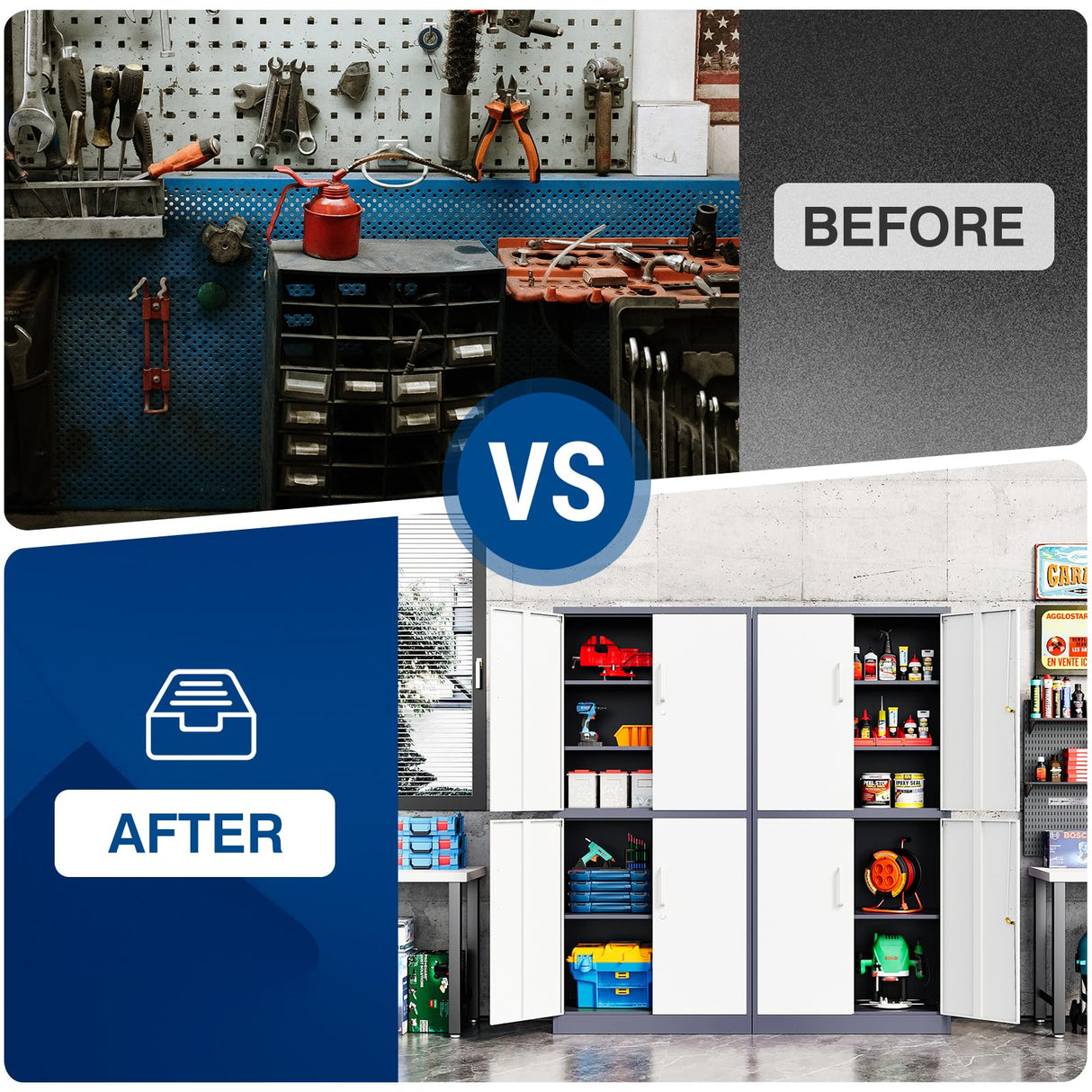 Fesbos 71” Metal Storage Cabinet-Lockable File Cabinet Garage Tool Cabinet with Doors and Shelves-Gray&White Steel Cabinet for Garage-Heavy Duty File Cabinet for Home, Office, Gym, Kitchen, School Fesbos