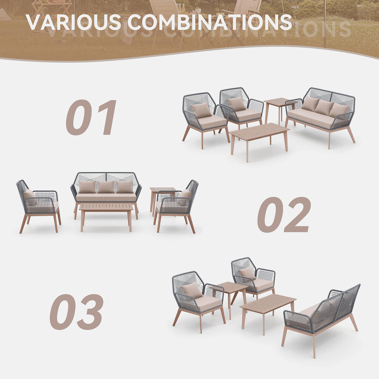 Kullavik Outdoor Patio Furniture Set,5 Pieces Indoor Rope Woven Sectional Sofa Set Modern Oak Patio Conversation Sets with Wooden Table for Balcony,Porch or Backyard,Sand Kullavik