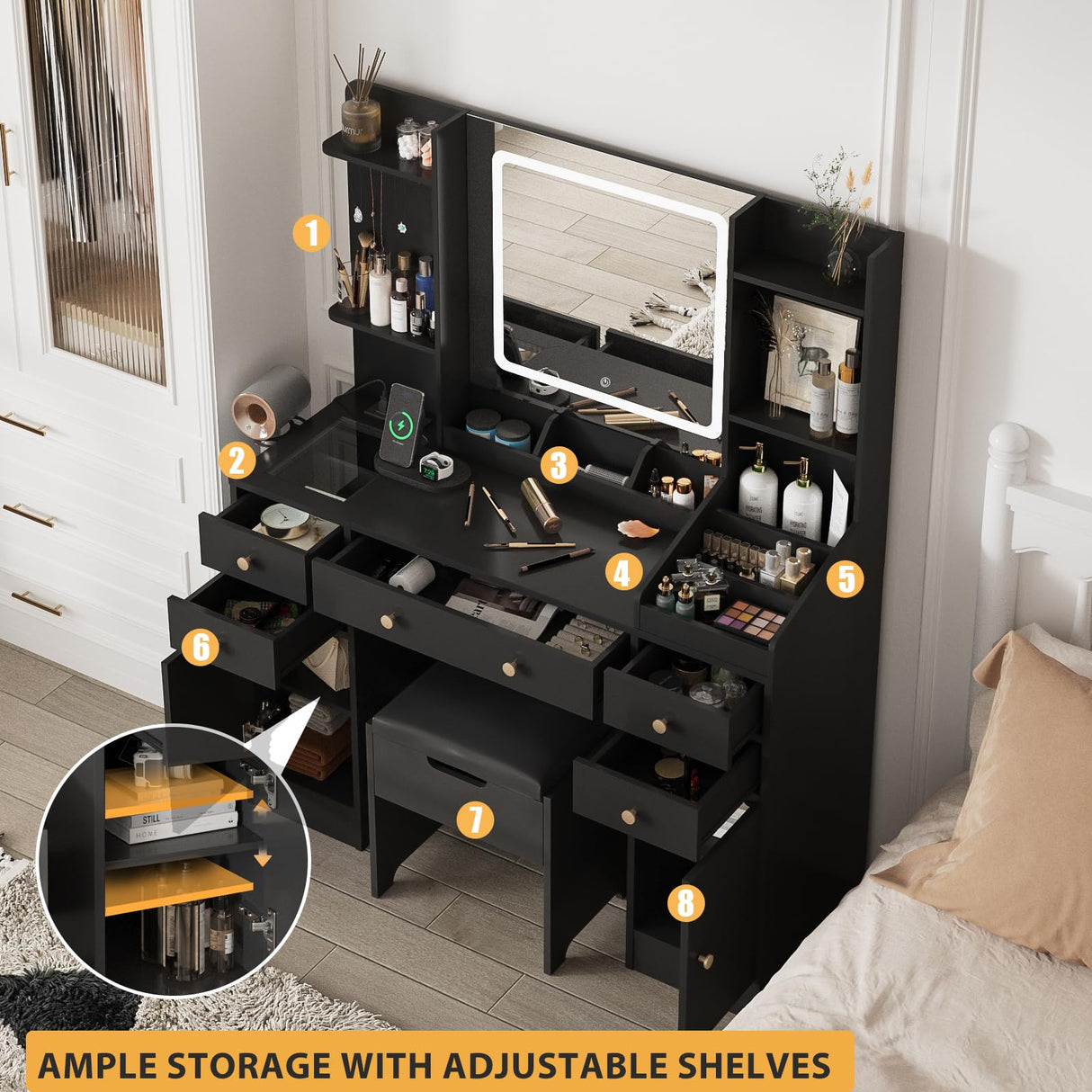 Fameill Black Makeup Vanity with 10 Lights & Power Outlets, Big Vanity with 3 Storage Compartments, Vintage Vanity Set with Large Drawers and Storage Cabinet, 45in Fameill