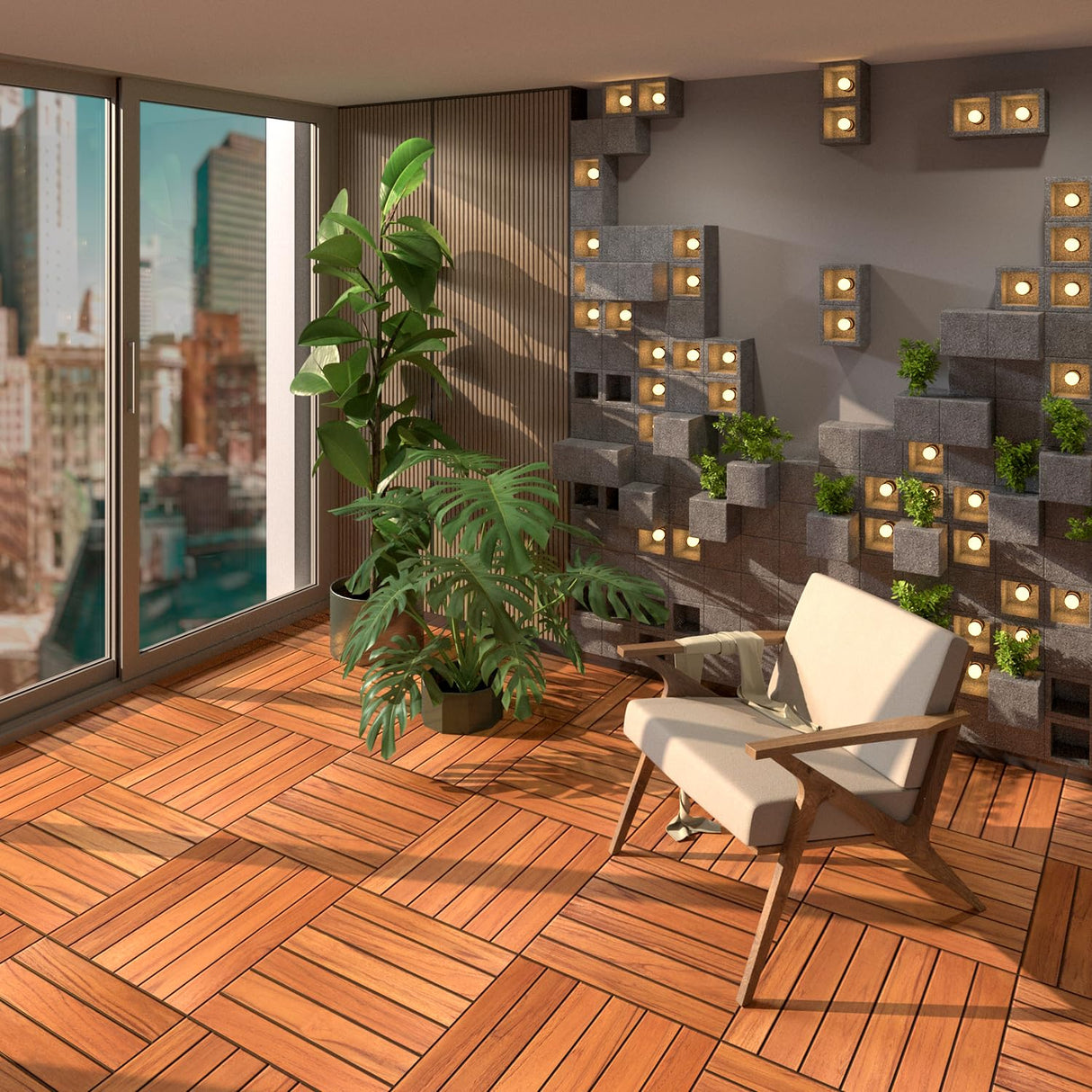 Teak Interlocking Deck Tile (Pack of 9,), Interlocking Patio Tile in Solid Teak Wooden Oiled Finish Waterproof All Weather Perfect for Indoor Outdoor (6 Slat, Teak Wood-9Pcs) RAKYTO